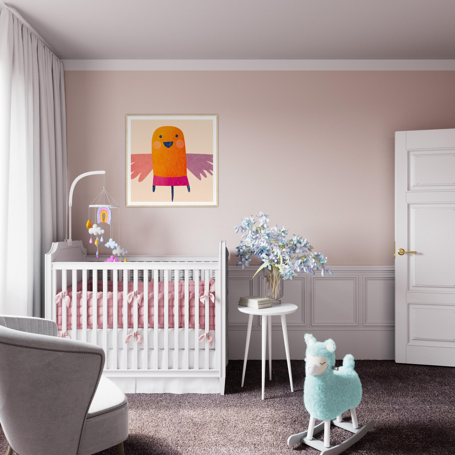 White wooden crib with pink bedding from the Midflight Reverie collection