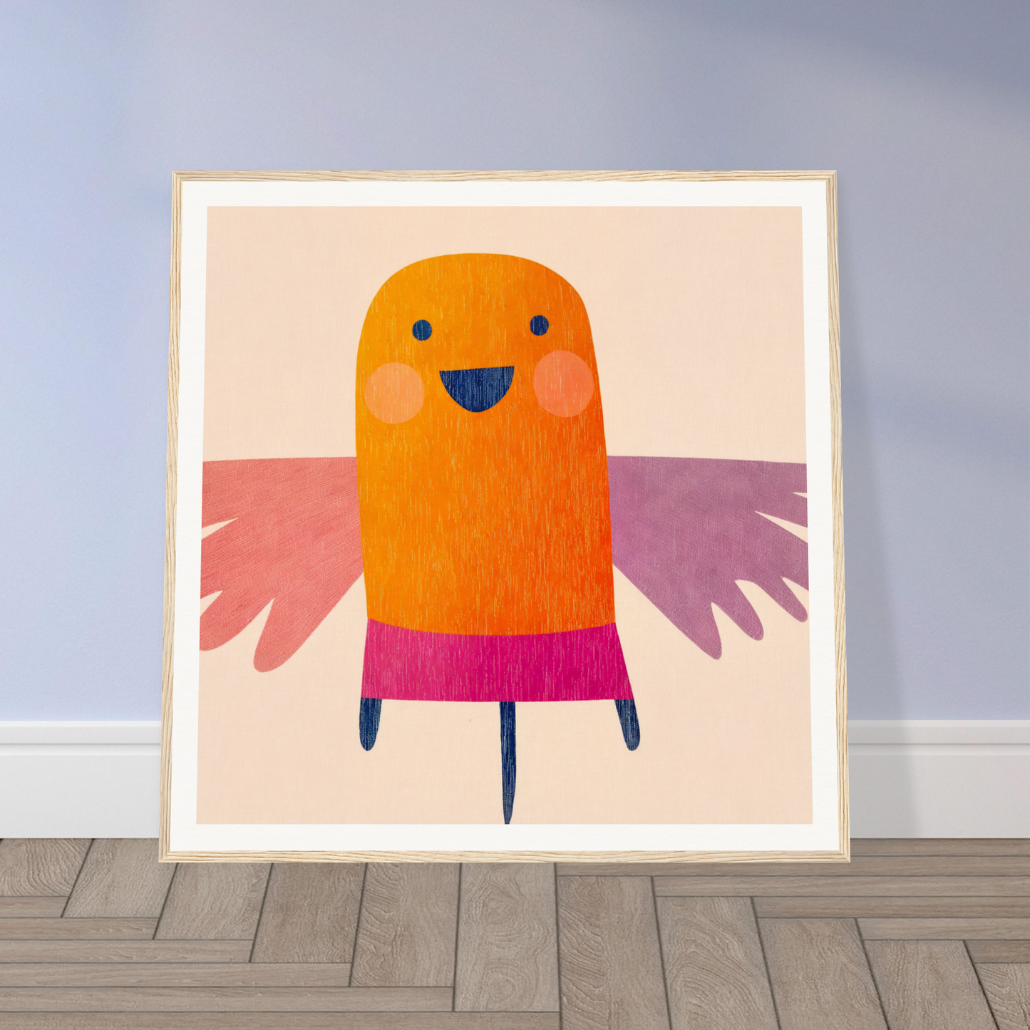 Cute orange cartoon bird in pink skirt, part of Midflight Reverie framed wall art