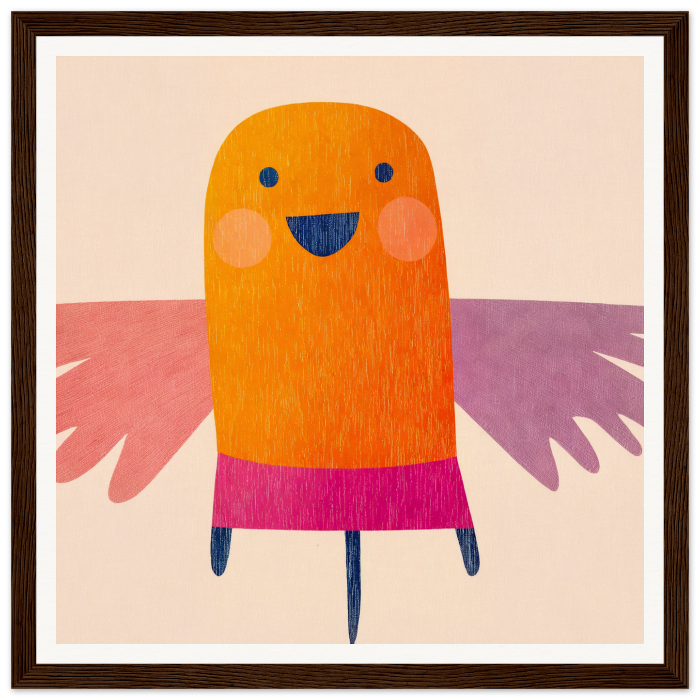 Cheerful orange bird with pink wings in magenta skirt from Midflight Reverie framed wall art