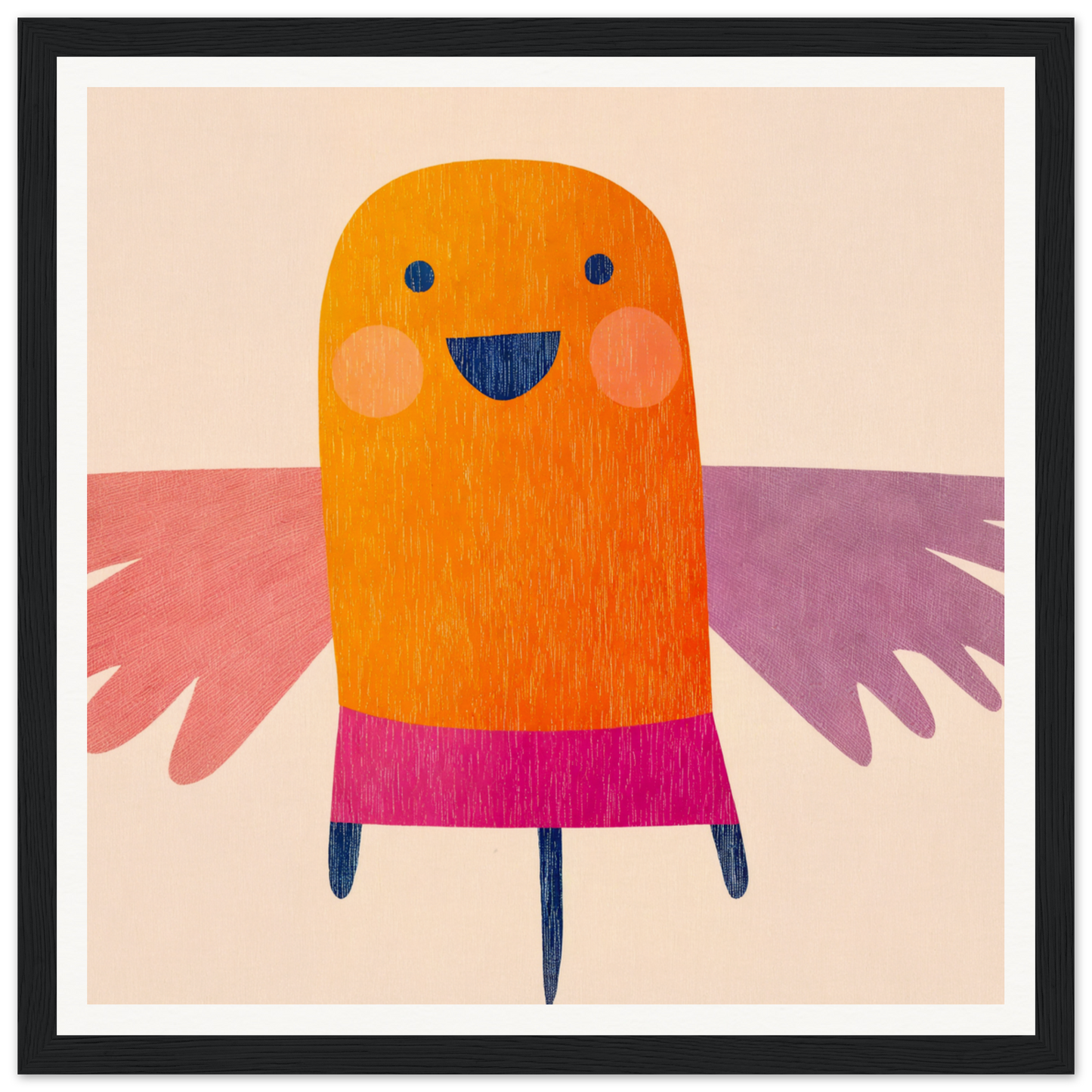 Cheerful orange bird character in pink skirt featured in Midflight Reverie framed wall art