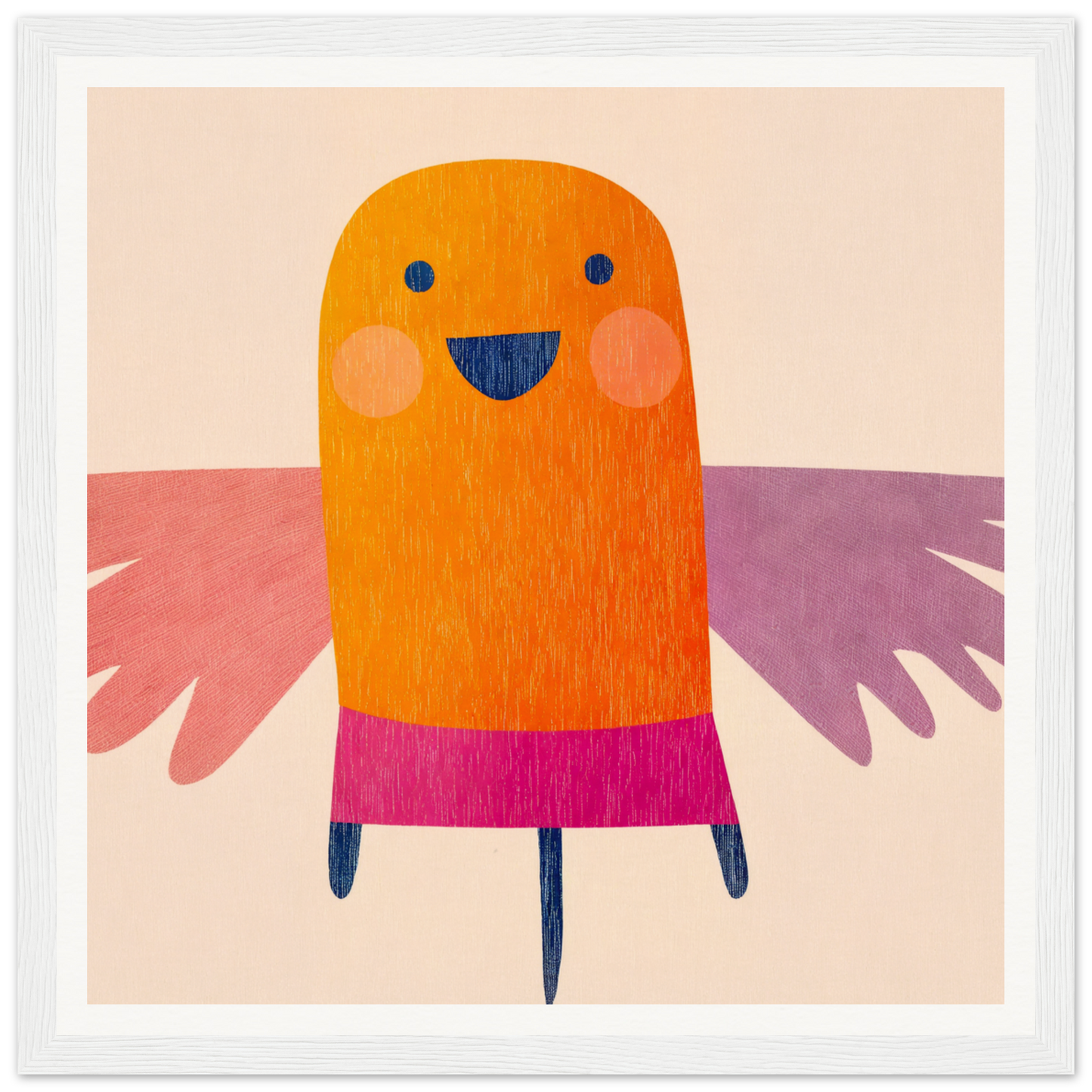 Cheerful orange bird-like creature with pink wings in Midflight Reverie framed wall art