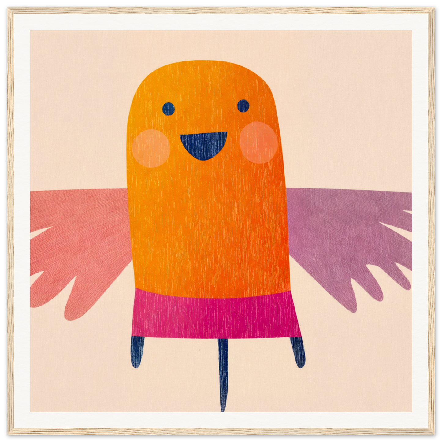 Cheerful orange bird in a pink skirt with purple wings from Midflight Reverie, special edition art™