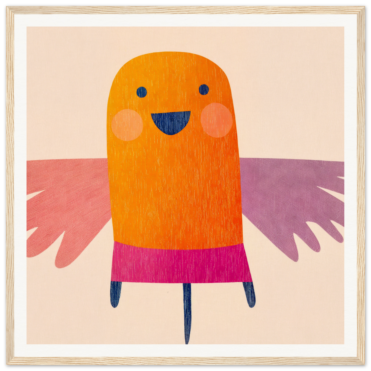Cheerful orange bird in pink skirt with wings spread, part of Midflight Reverie art