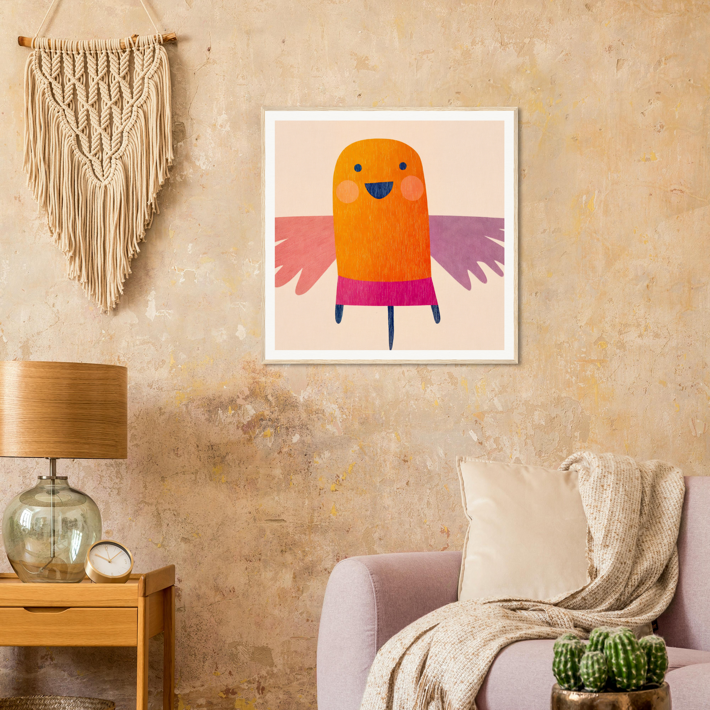 Whimsical orange bird with pink wings in Midflight Reverie framed wall art