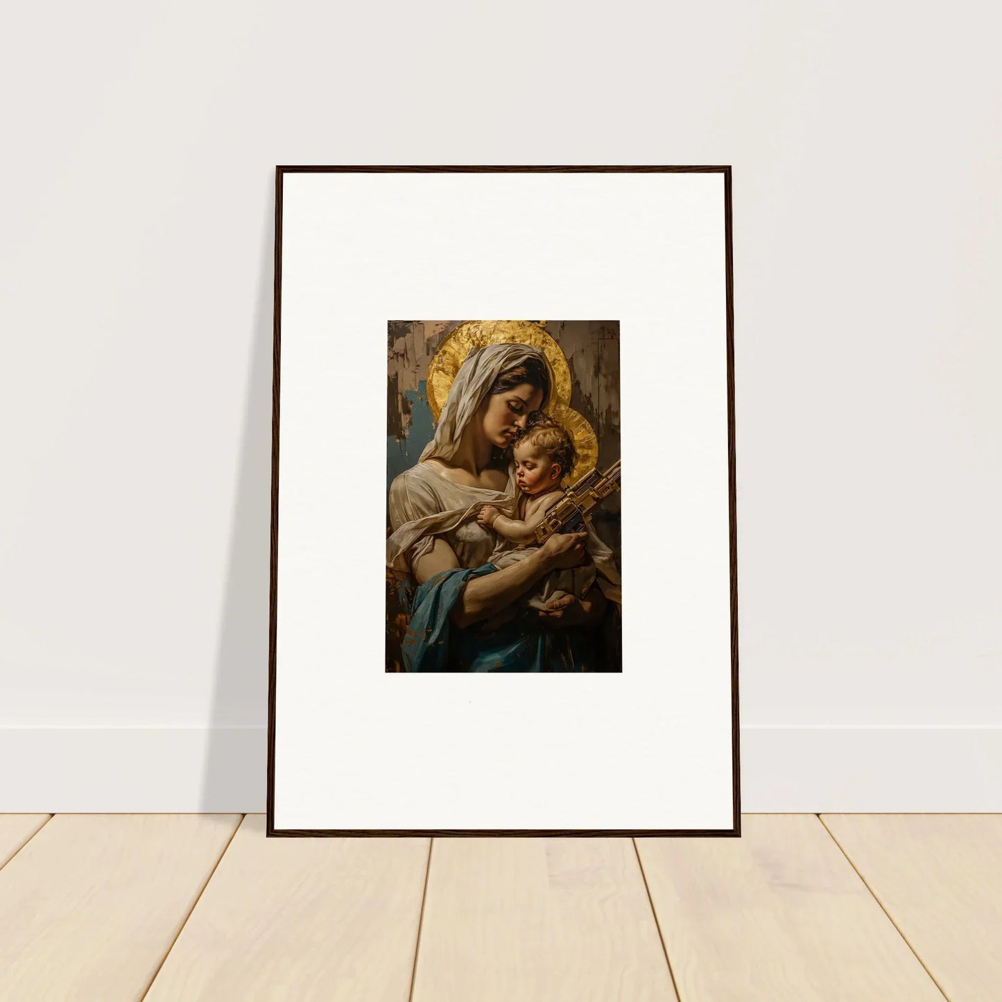 Framed wall art of a woman with a baby, inspired by Holy Mandala religious themes