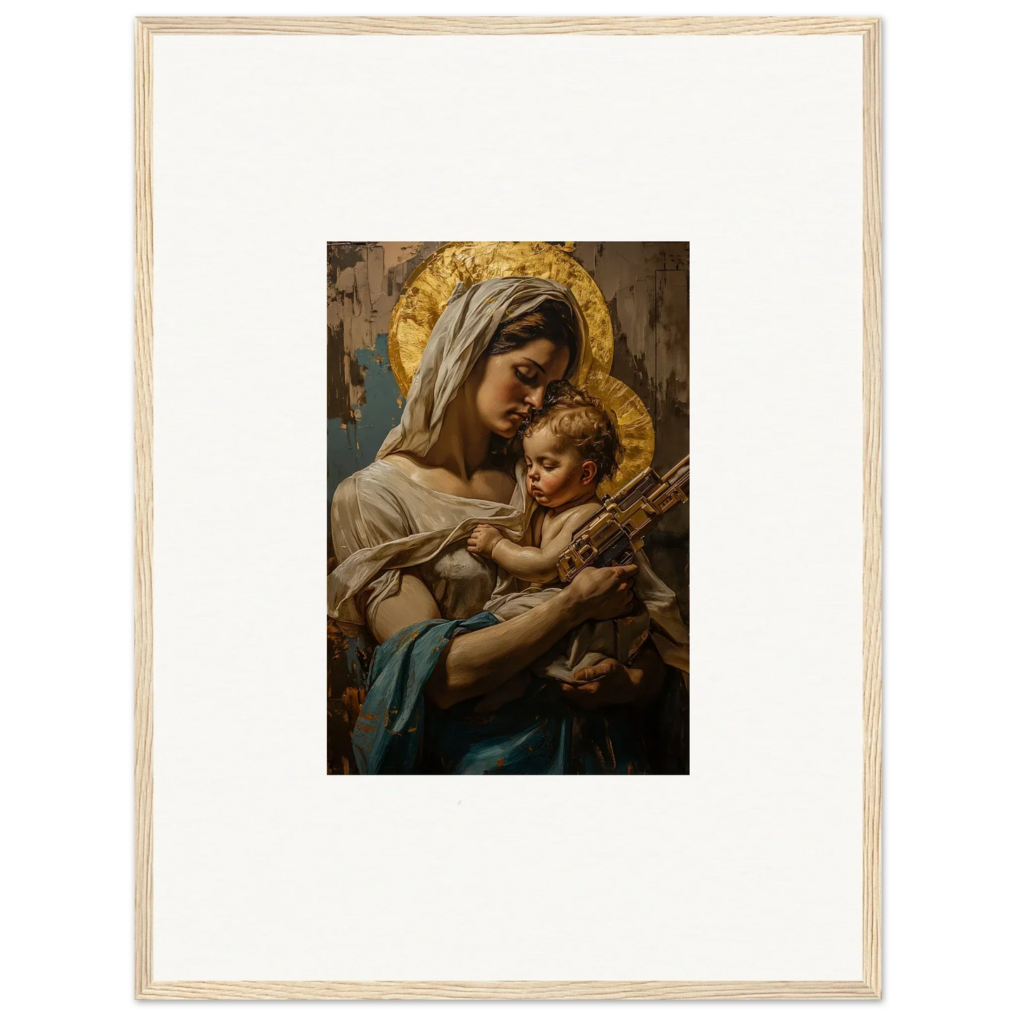 Framed wall art of a woman and baby with halos in holy mandala style for room decor