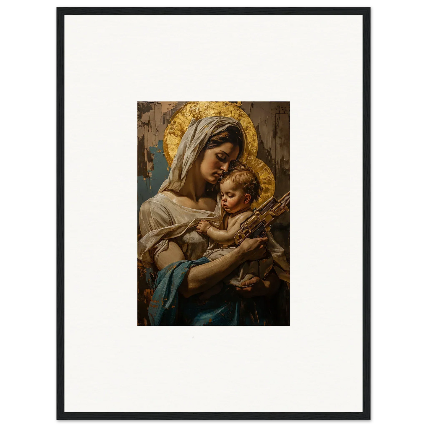 Religious painting of a woman and baby with golden halos for Holy Mandala room decor