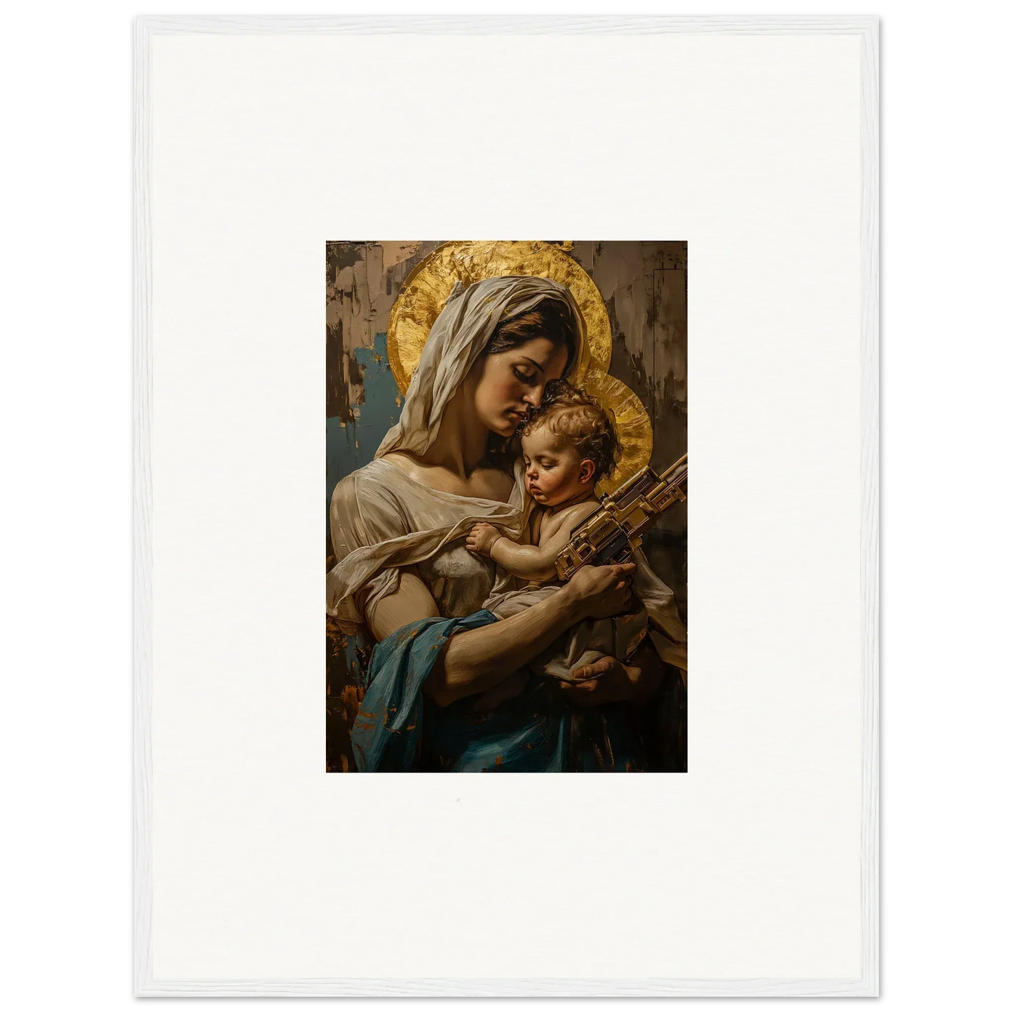 Religious painting of a woman and baby with halos, perfect for holy mandala room decor