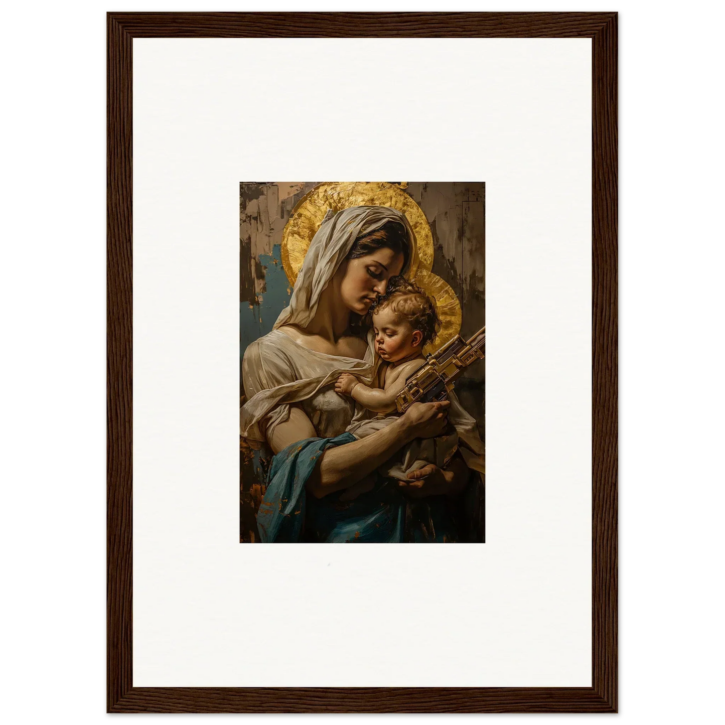 Framed wall art of a woman and baby with golden halos, perfect for holy mandala room decor