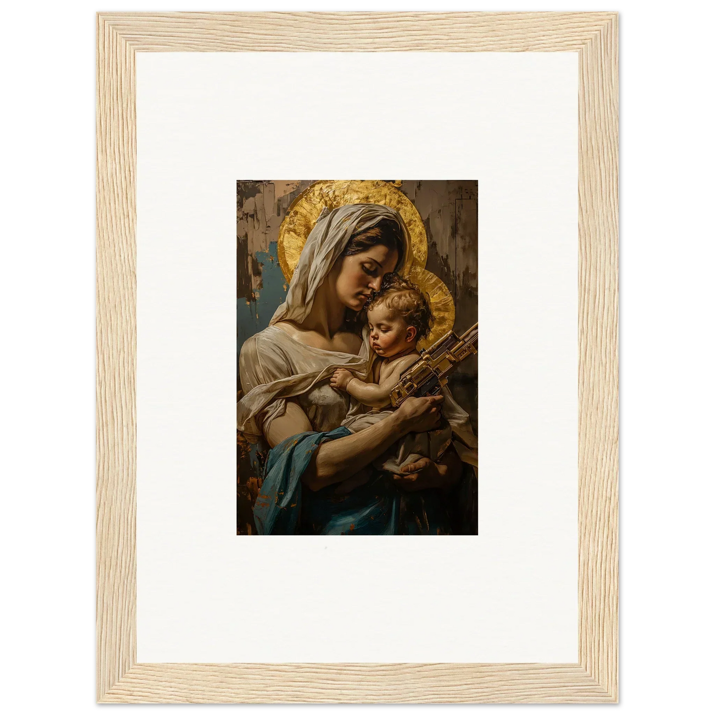 Framed wall art of a woman and baby with golden halos, perfect holy mandala room decor