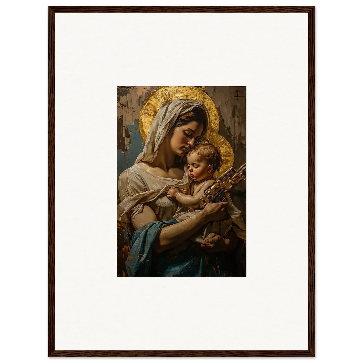 Religious painting of a woman and baby with halos for holy mandala room decor