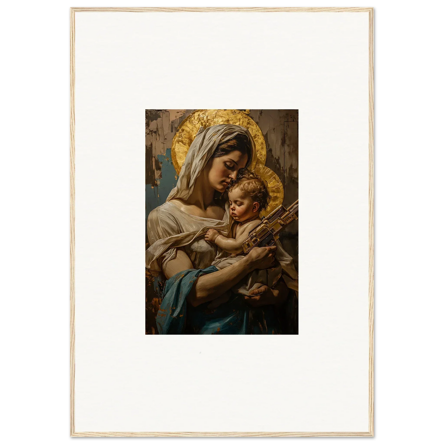 Religious painting of a woman and child with golden halos, perfect holy mandala room decor