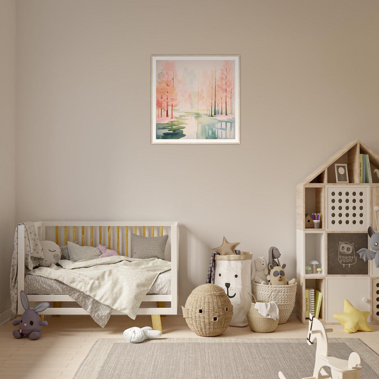 Wooden crib with gray bedding and yellow slats from Mist Veil Reverie collection
