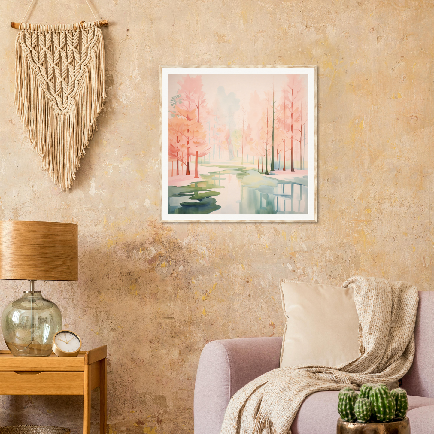 Framed watercolor painting of a mist veil reverie featuring pink trees and reflective water