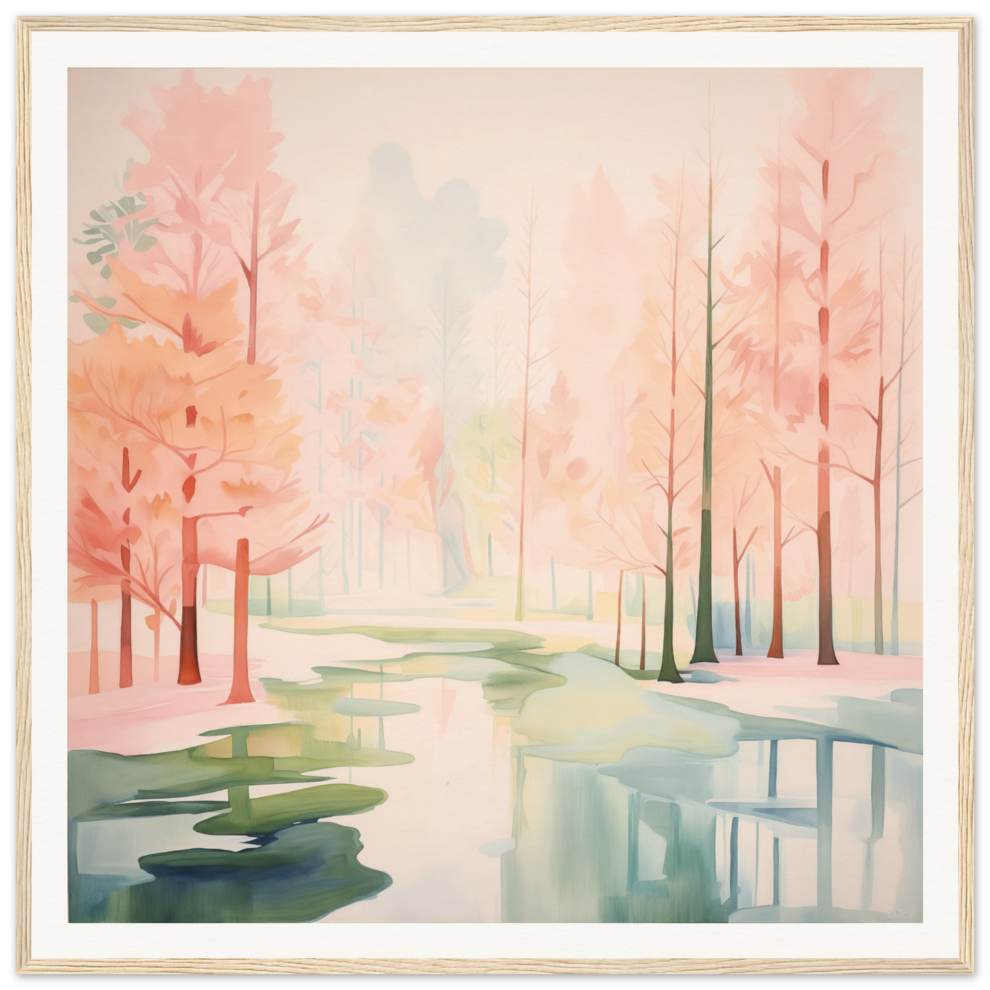 Watercolor painting of a misty forest with pink trees in Mist Veil Reverie