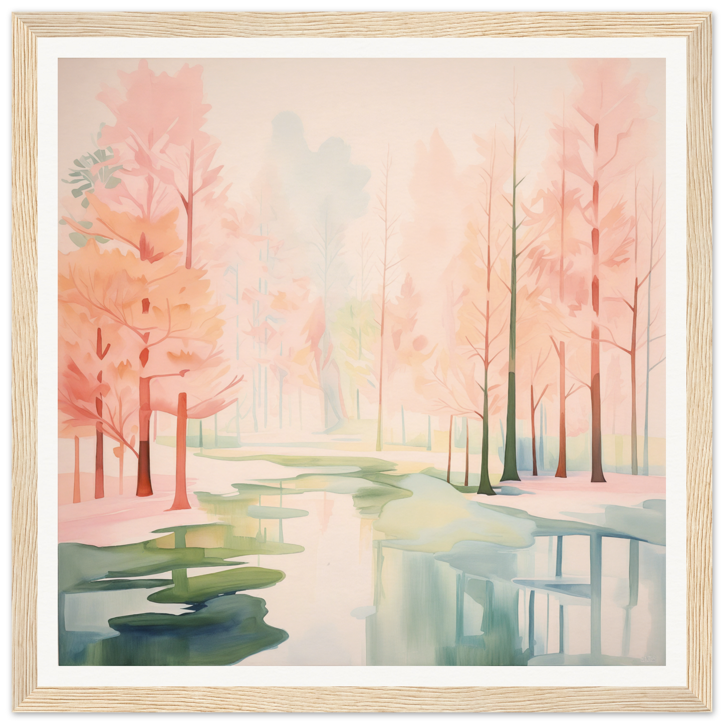 Watercolor painting of tranquil forest with pink trees, Mist Veil Reverie art design