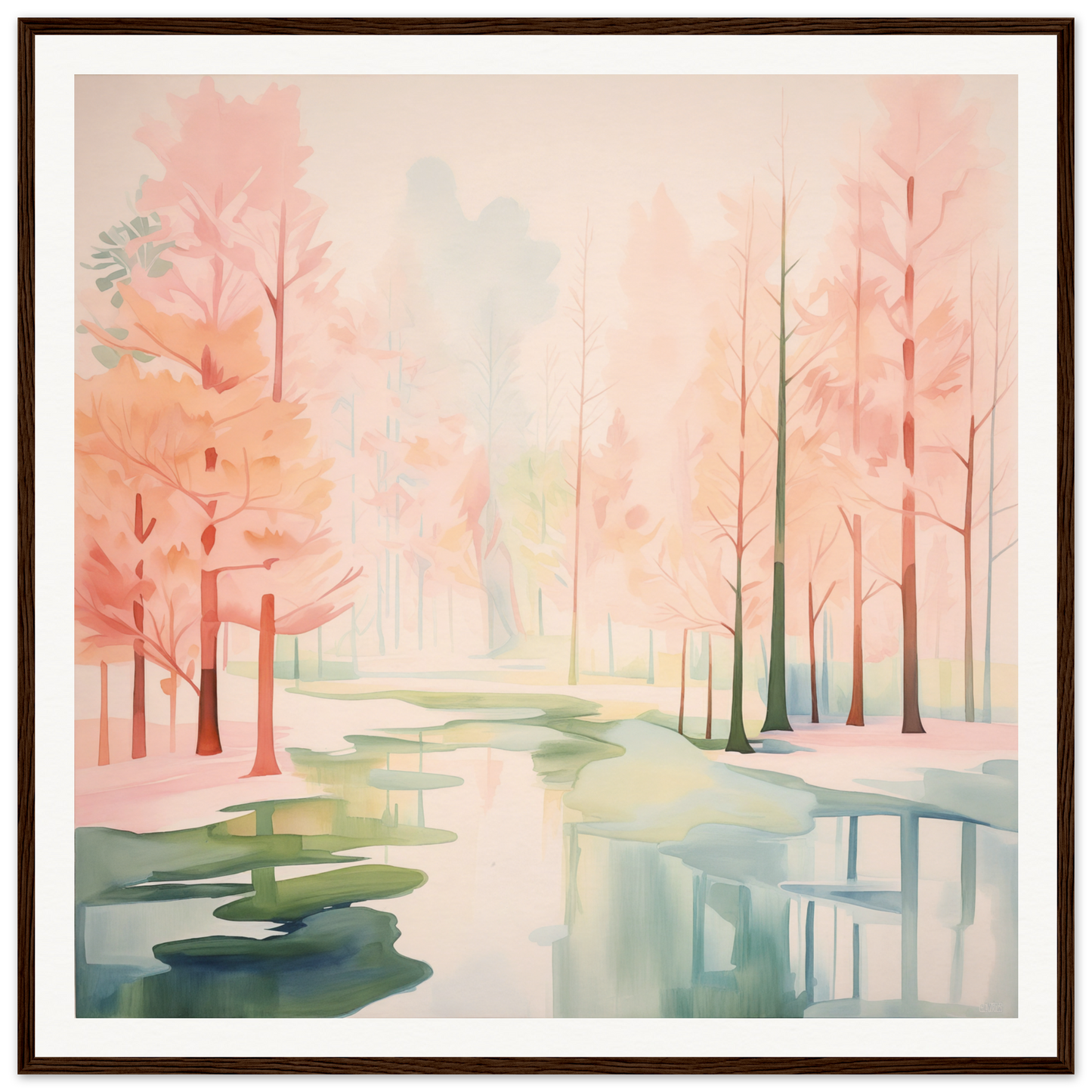 Watercolor painting of a misty forest with pink trees in Mist Veil Reverie