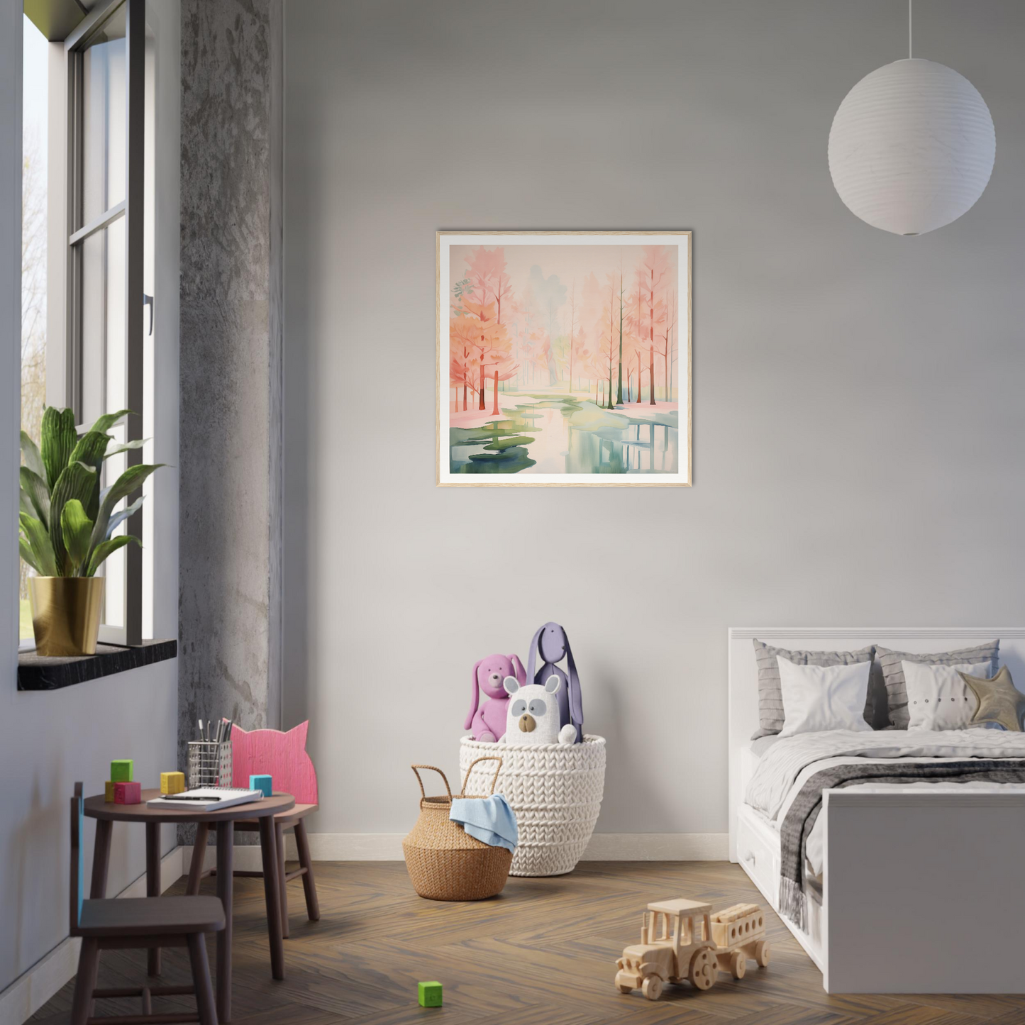 A modern bedroom showcasing Mist Veil Reverie with minimalist gray and white decor