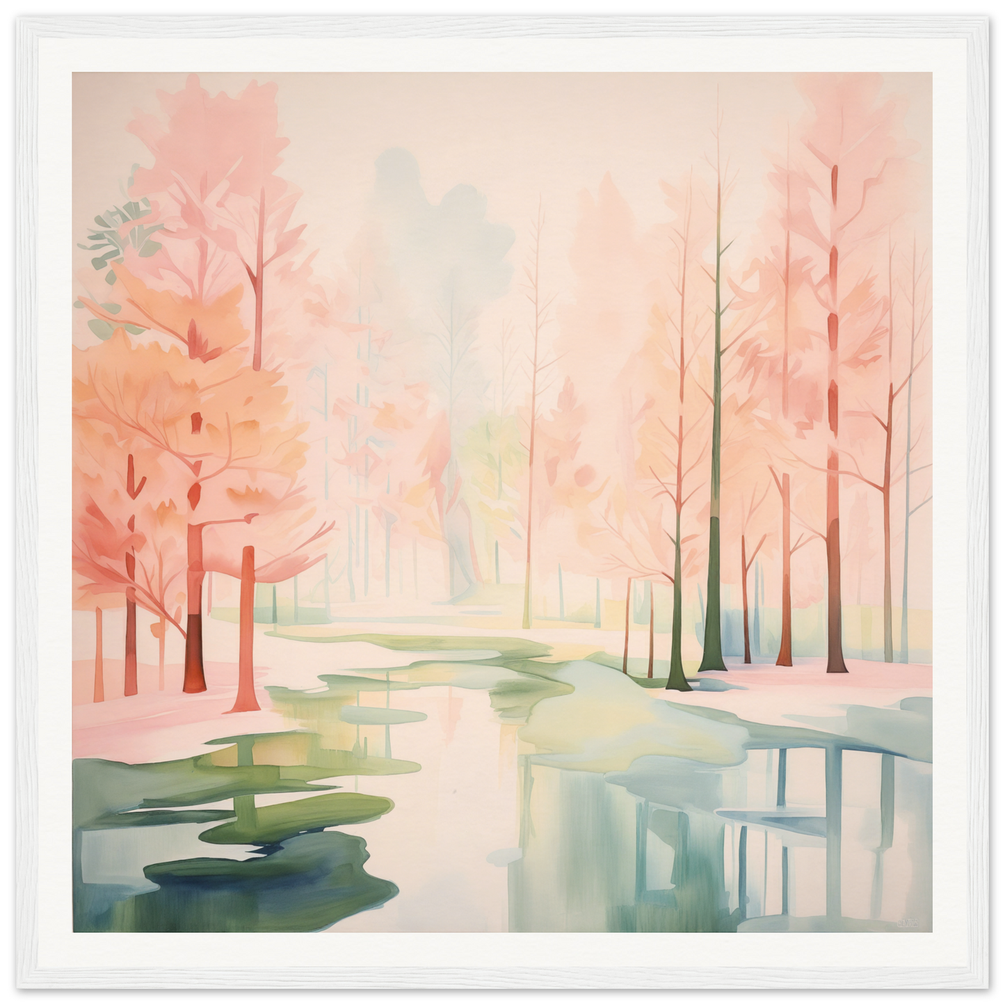 Watercolor painting of a misty forest reflecting in water, showcasing Mist Veil Reverie
