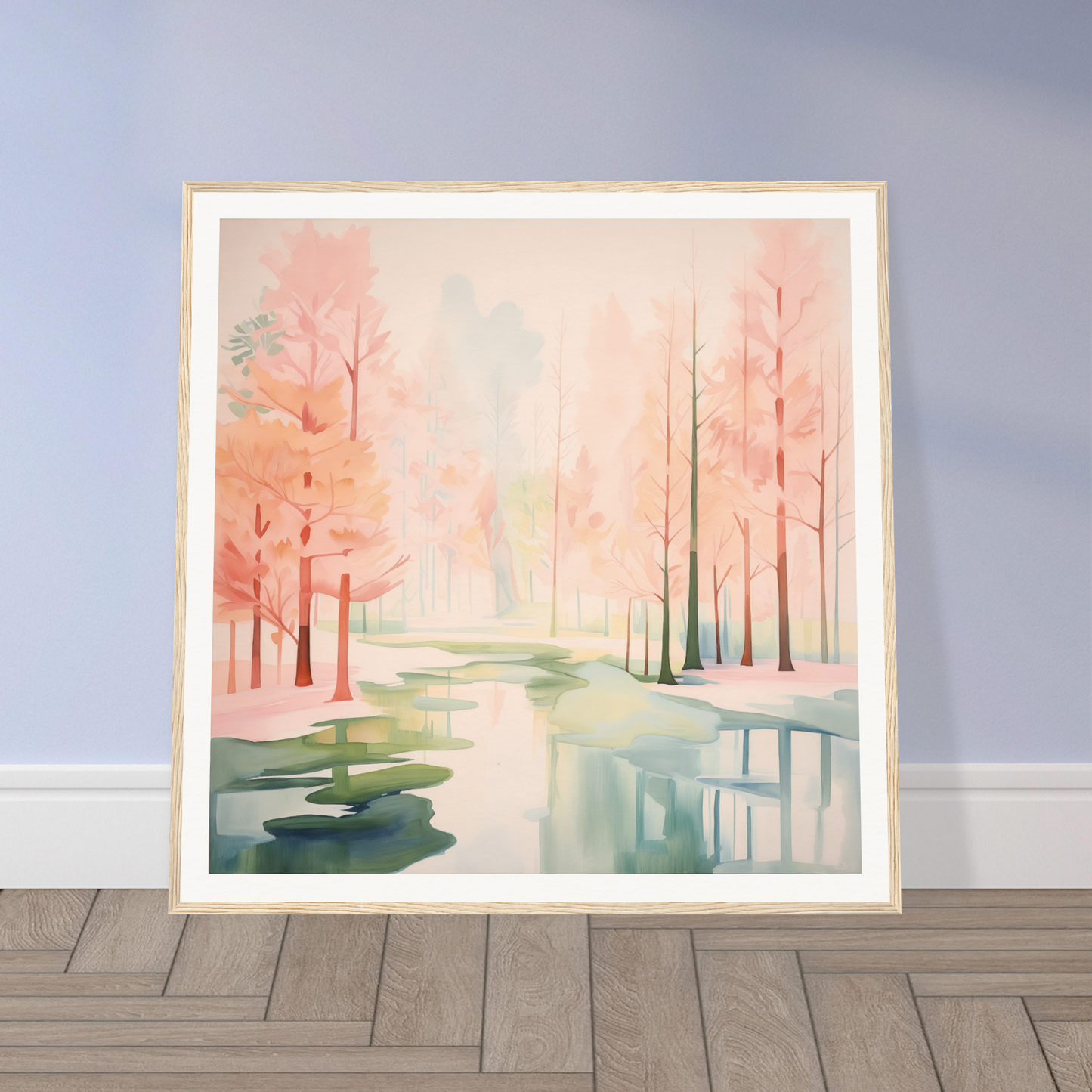 Framed watercolor painting titled Mist Veil Reverie featuring a misty forest with pink trees