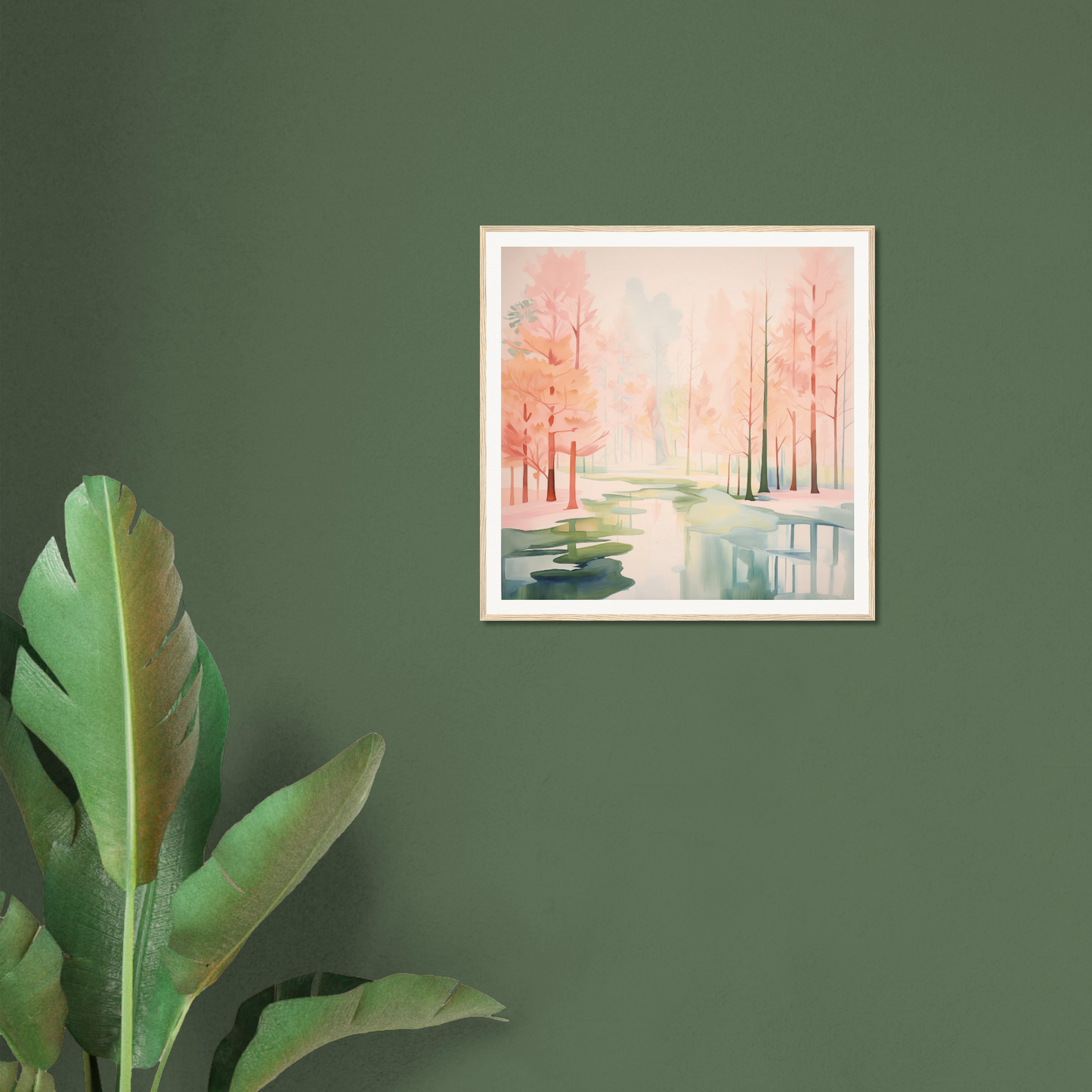 Framed watercolor painting of misty forest landscape in pink hues, Mist Veil Reverie