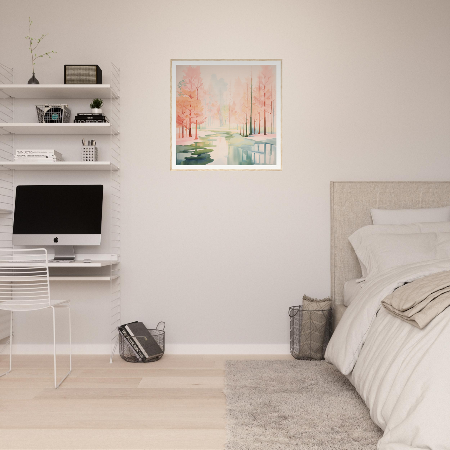Minimalist bedroom featuring Mist Veil Reverie decor with white shelves and pink artwork
