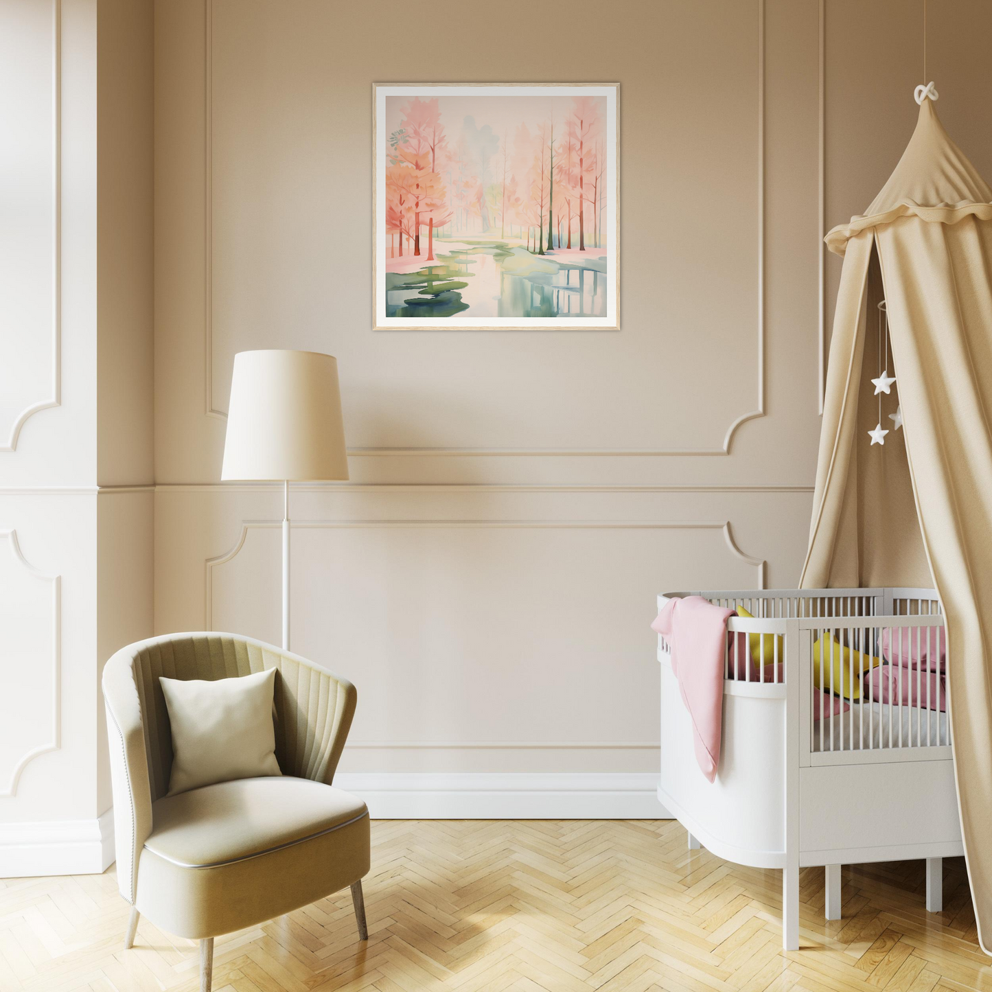Modern nursery featuring Mist Veil Reverie with white crib and beige canopy