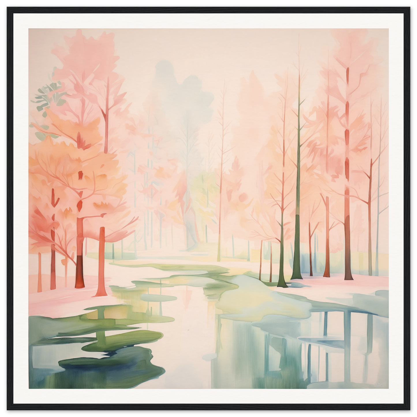 Watercolor painting depicting Mist Veil Reverie with a misty forest and reflecting stream