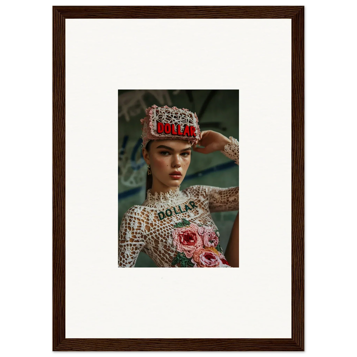 Framed wall art of a person in ornate outfit with dollar text for Monet Bliss room decor