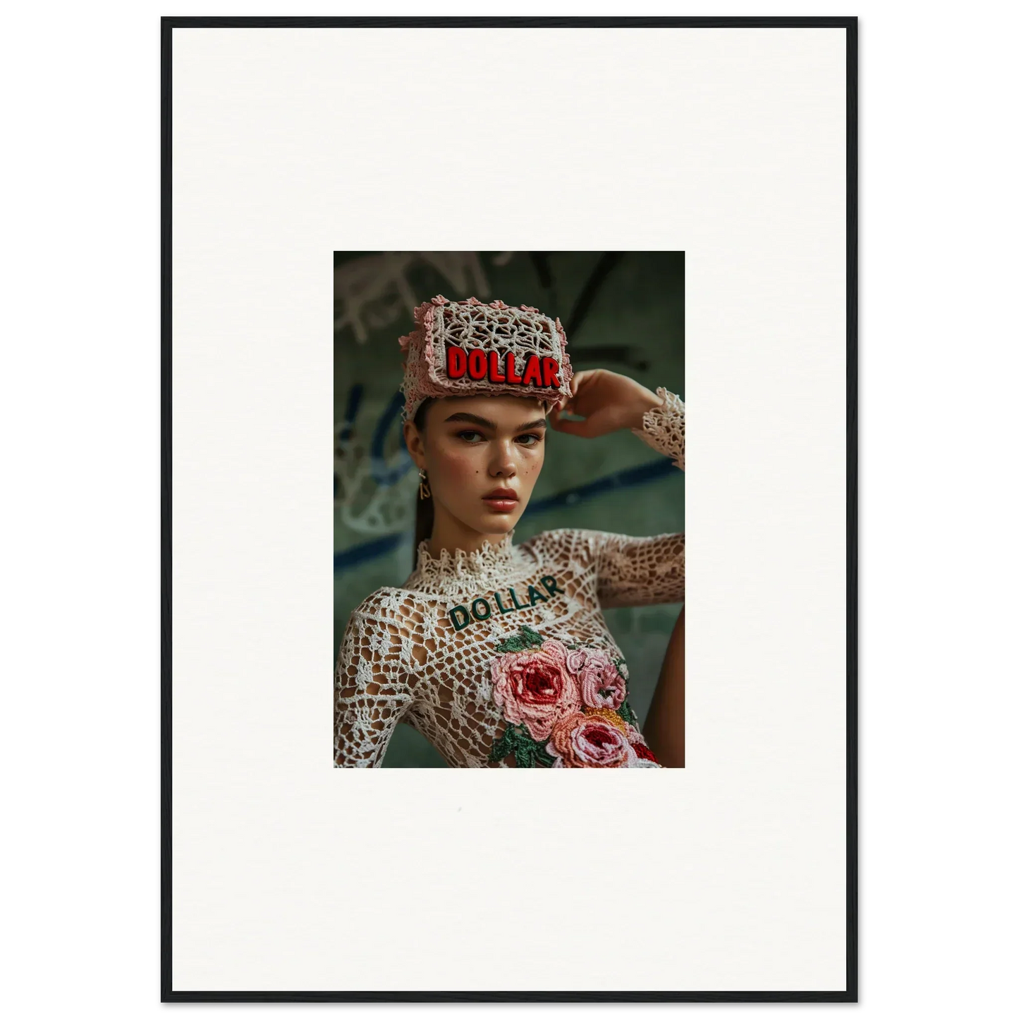 Framed wall art of a person in a floral outfit from Monet Bliss for elegant room decor