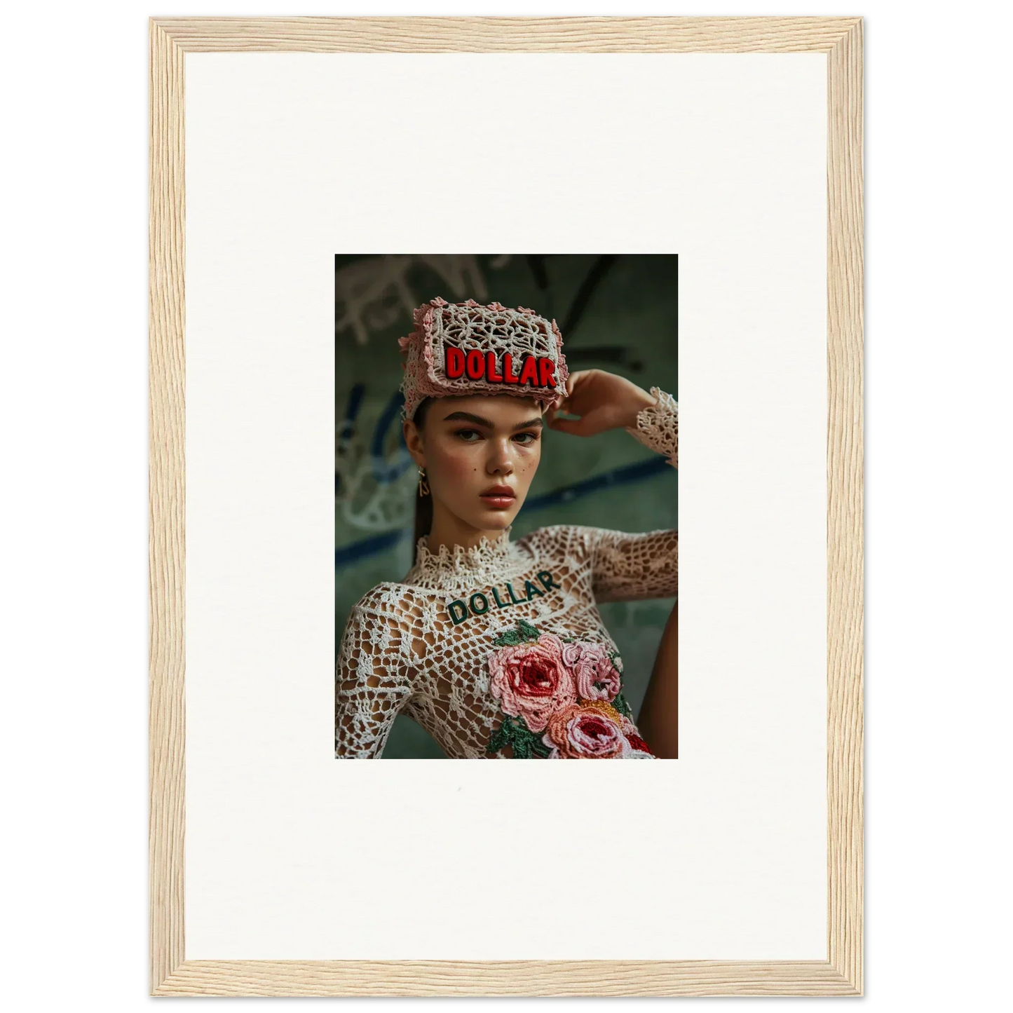 Framed wall art featuring a person in an ornate headpiece and floral outfit for Monet Bliss