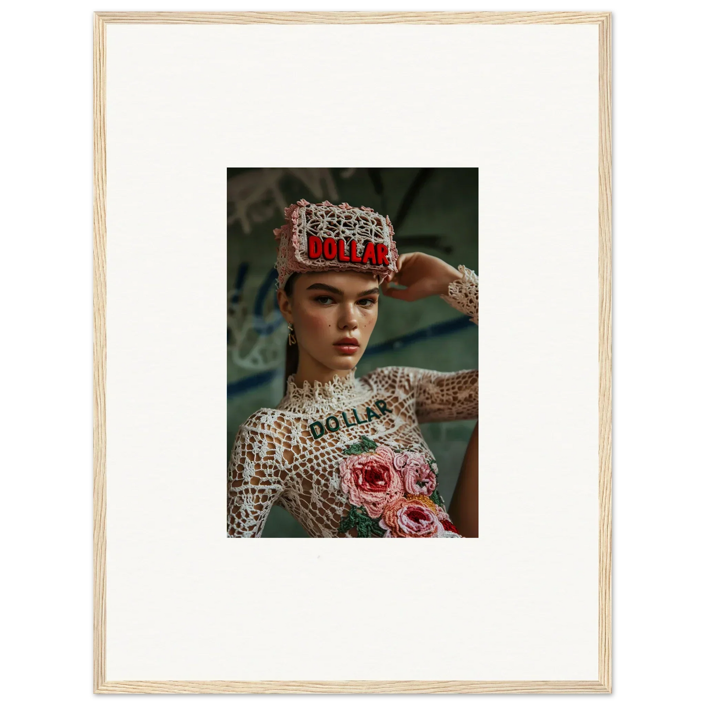 Framed wall art of a person in ornate headpiece and embellished outfit for Monet Bliss decor