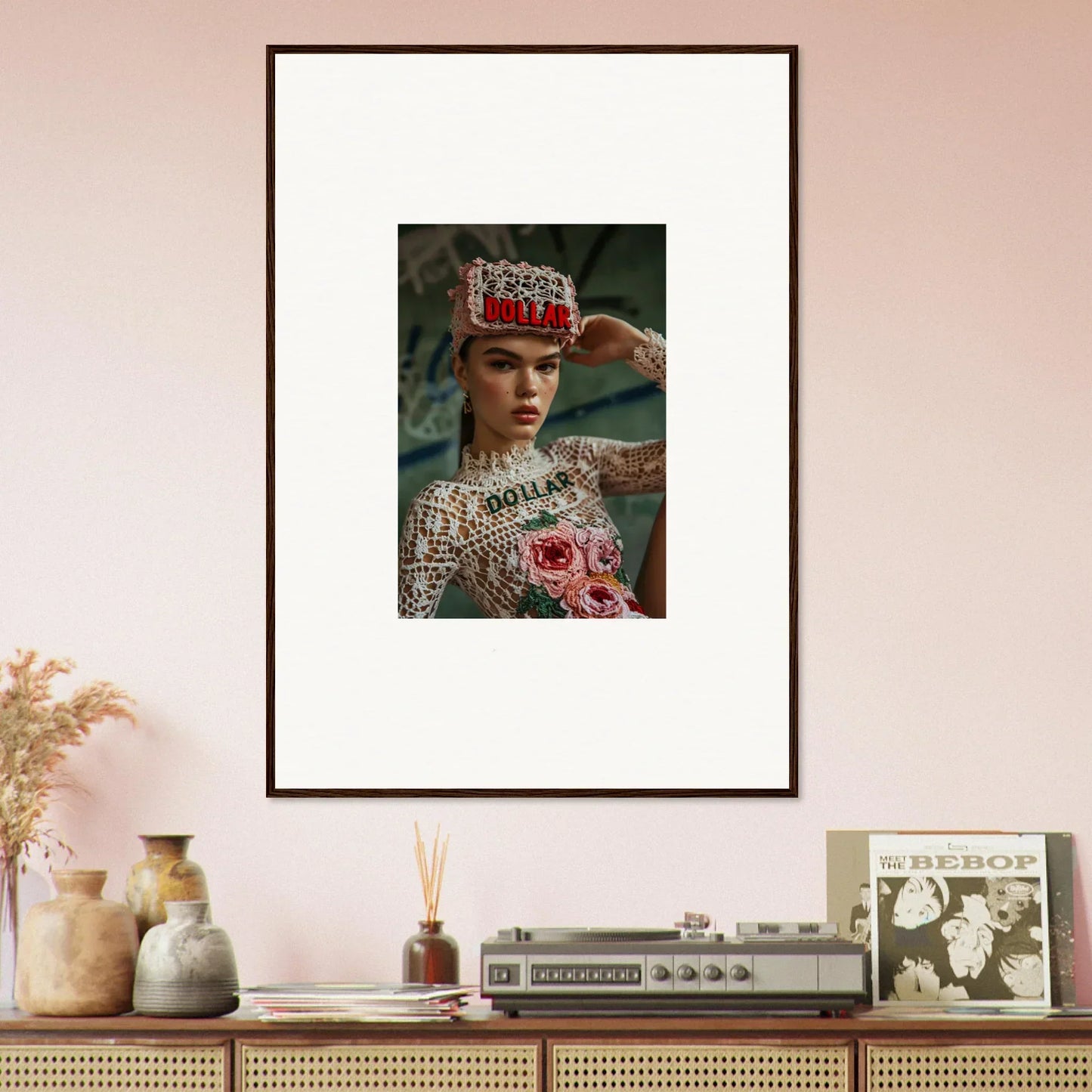 Framed wall art of a person in ornate headdress for stylish Monet Bliss room decor