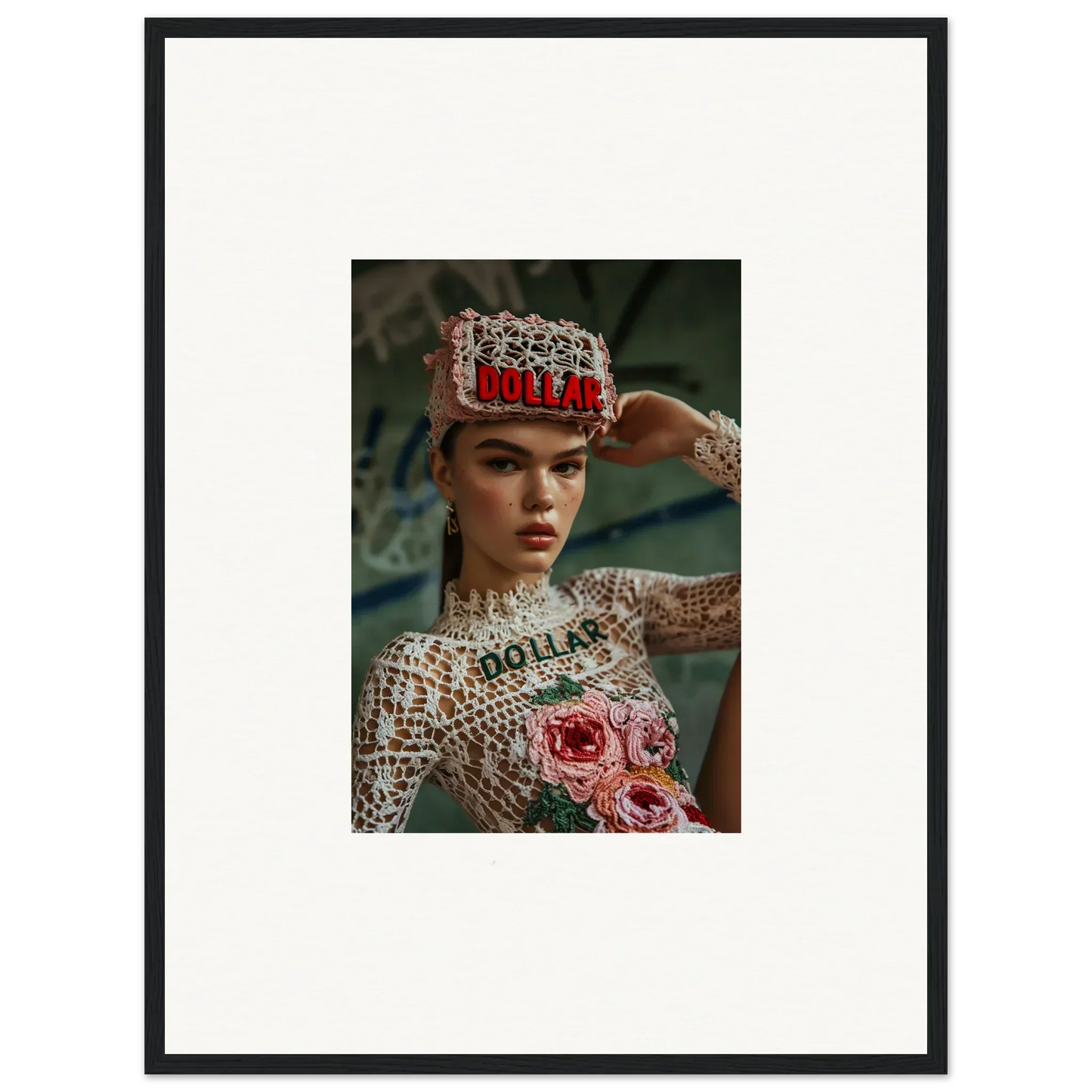 Framed wall art of a model in ornate outfit and roses for Monet Bliss room decor