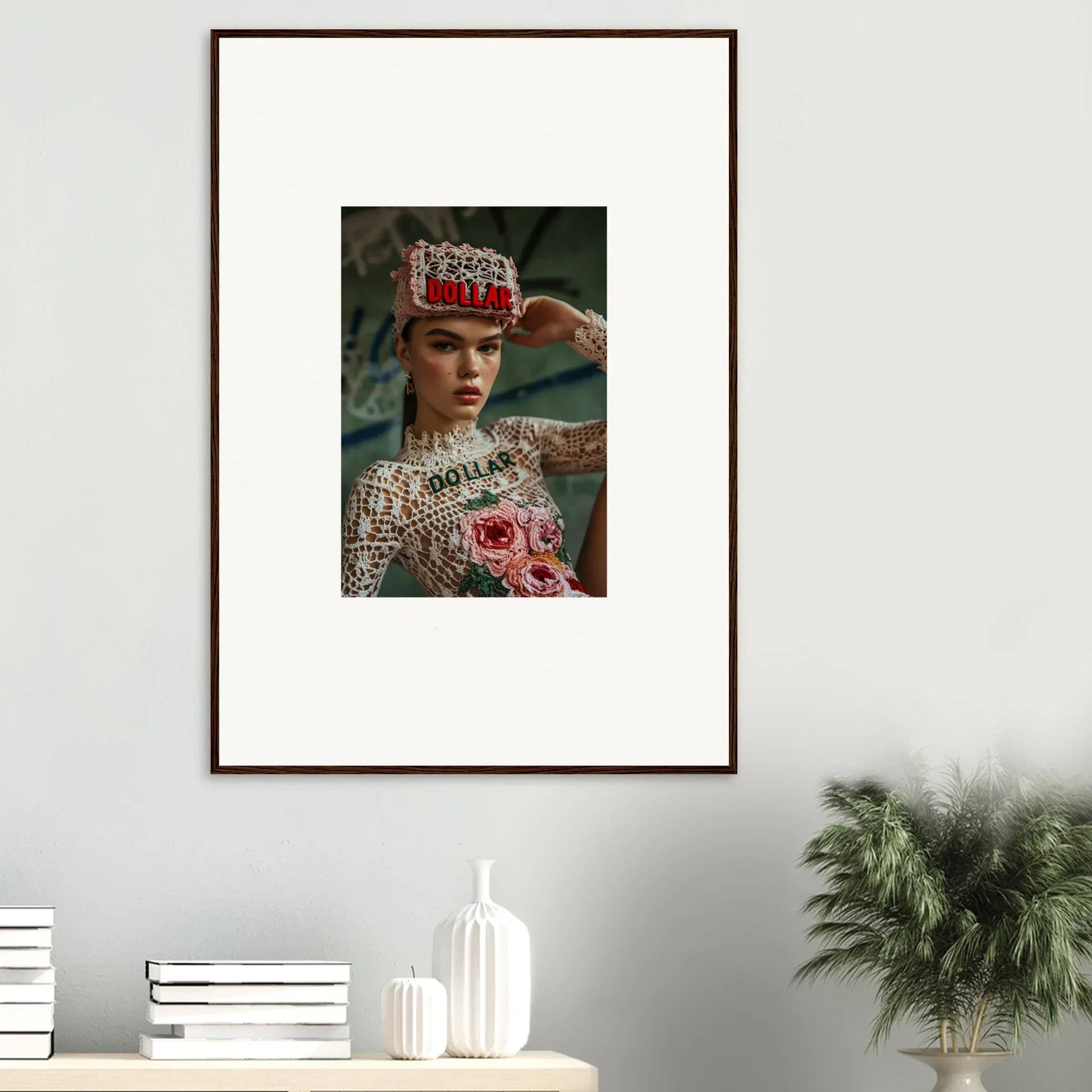 Framed wall art featuring a woman in an ornate headdress and floral dress from Monet Bliss