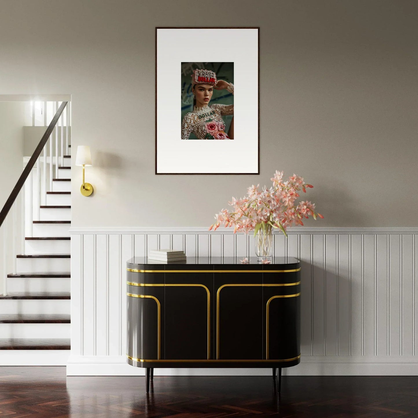 Elegant black and gold sideboard enhancing room decor with Monet Bliss artwork and flowers