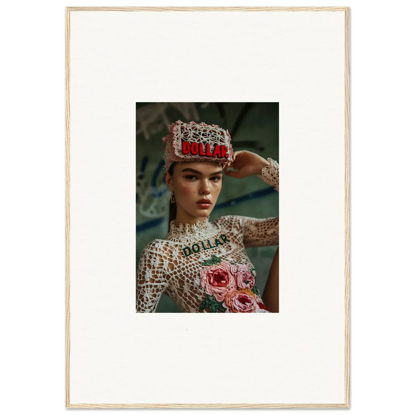 Framed wall art of a person in ornate headdress and floral outfit for Monet Bliss