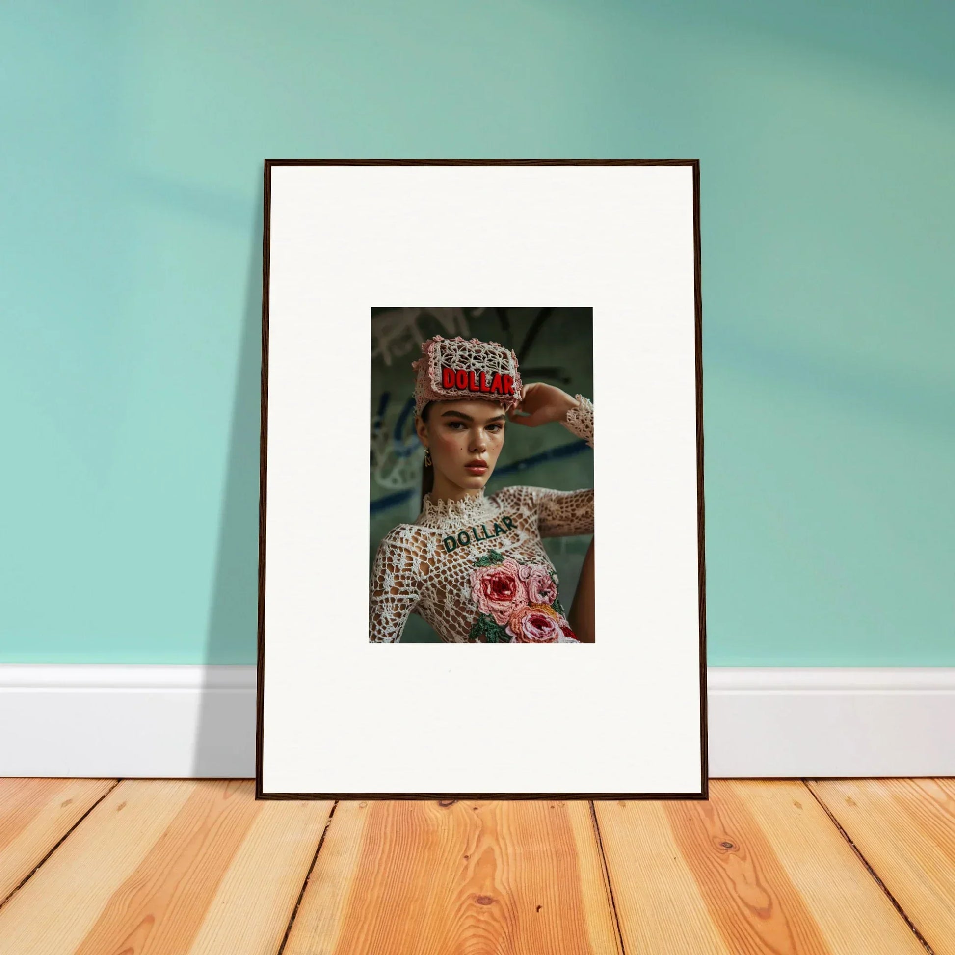 Framed wall art of a person in ornate headdress and floral clothing for Monet Bliss room decor