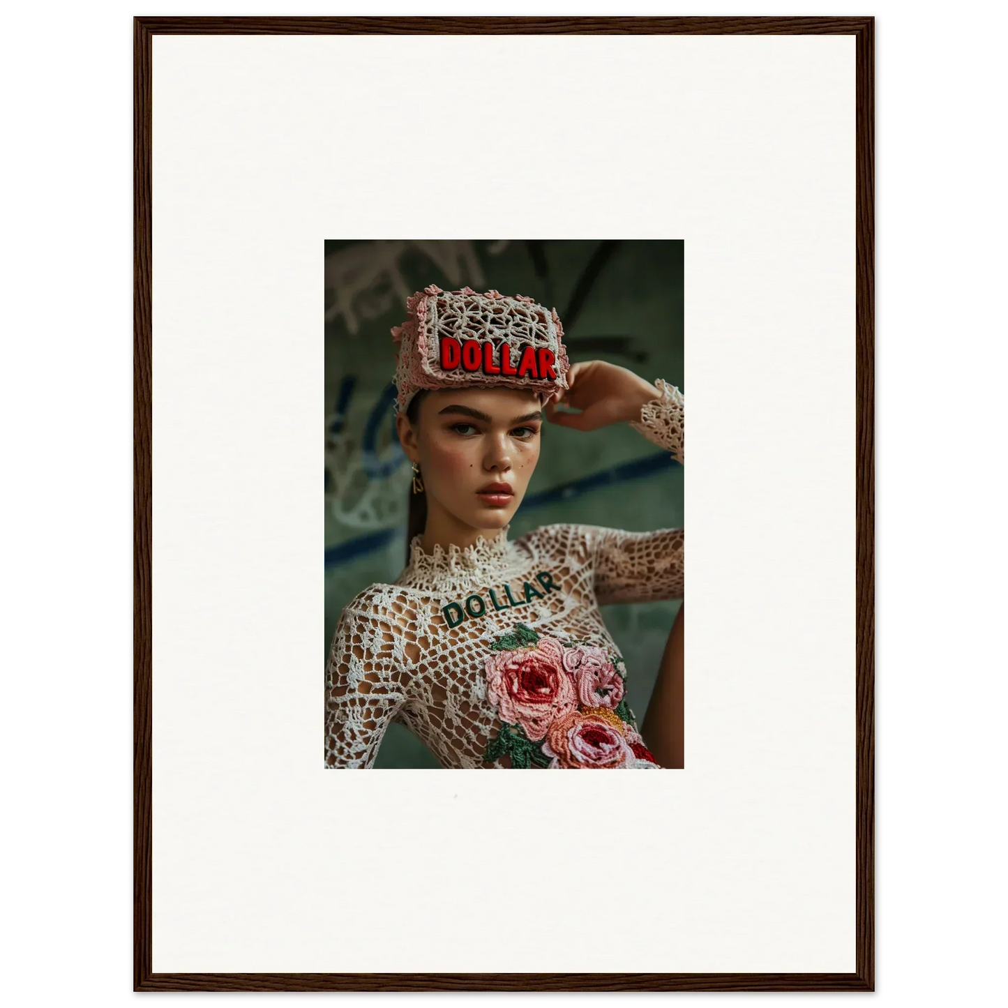 Framed wall art of a person in ornate headdress and jeweled outfit, Monet Bliss decor