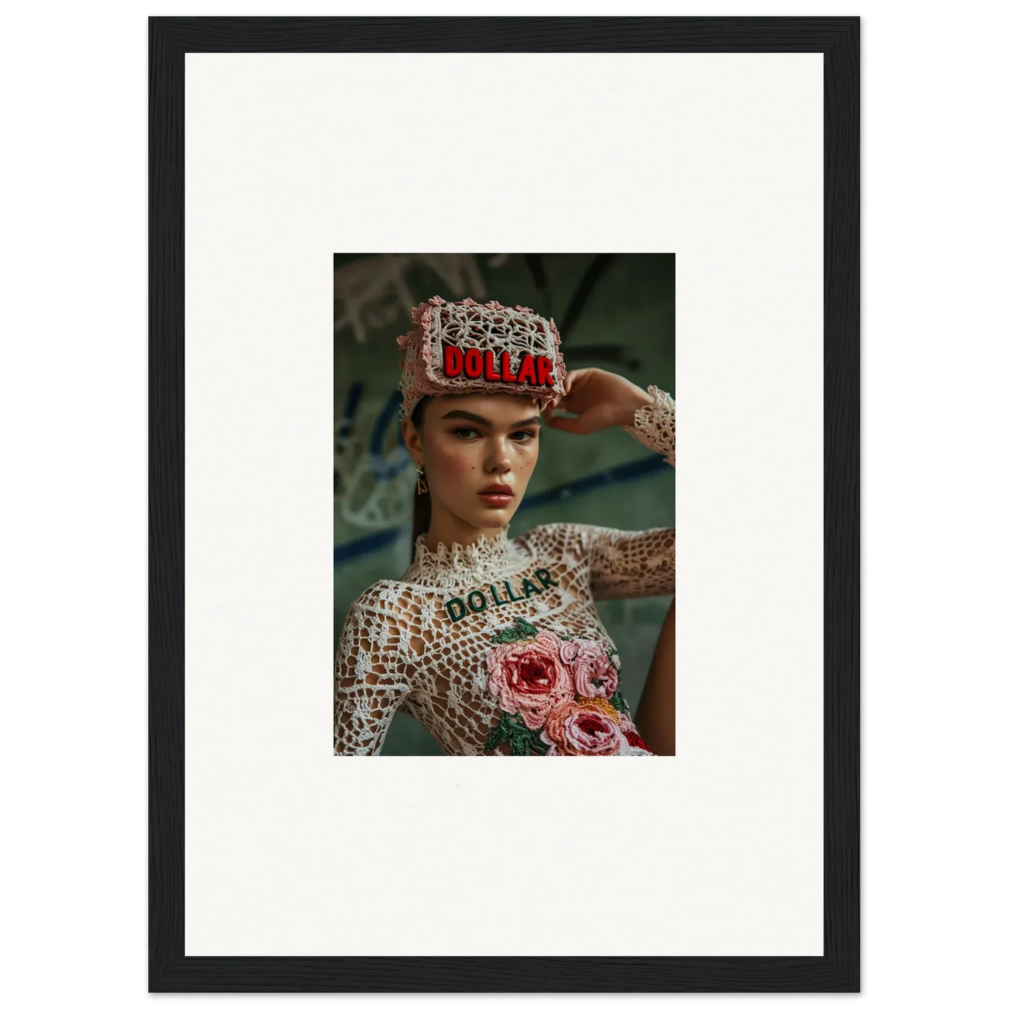 Framed wall art of person in ornate outfit with Dollar text for Monet Bliss room decor