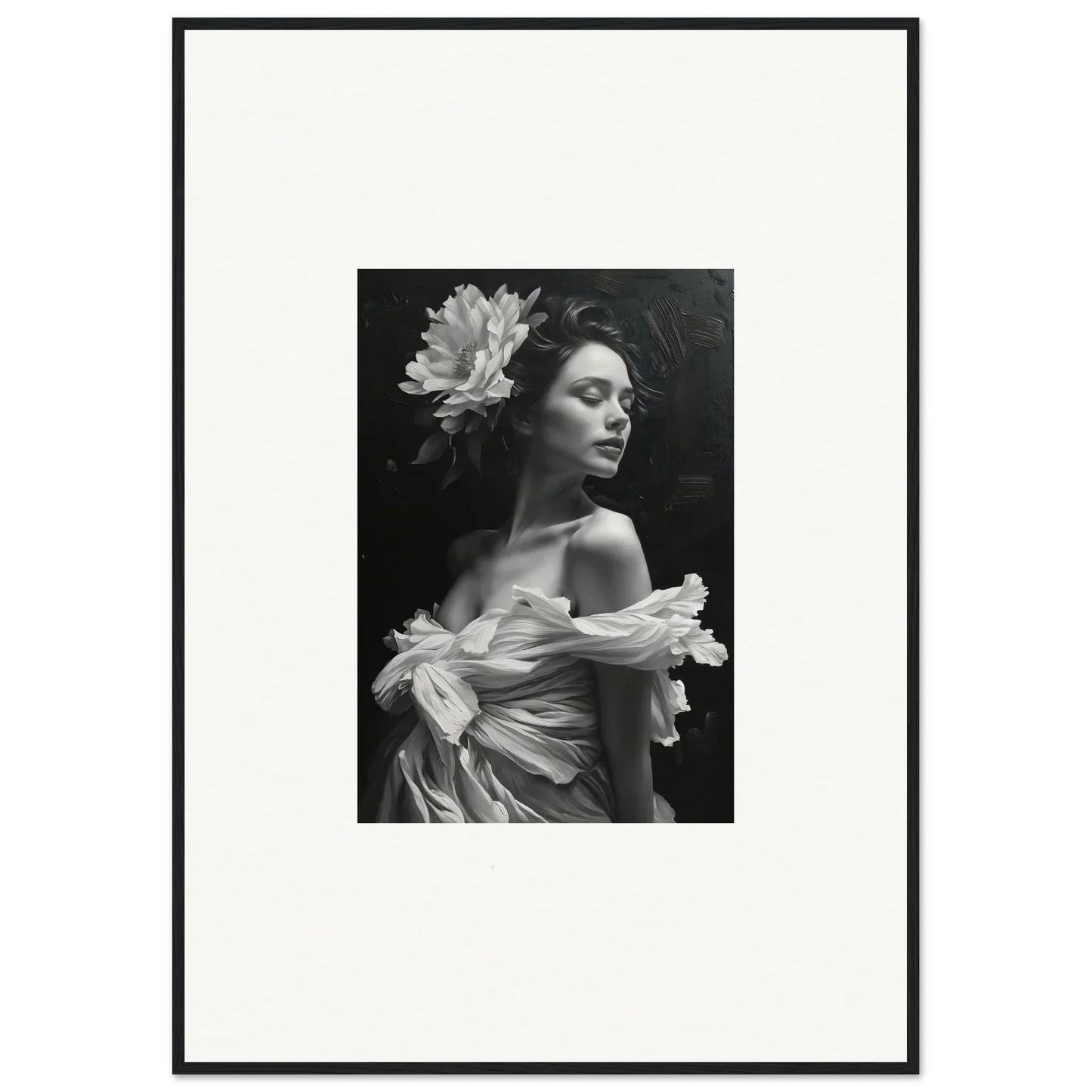 Black and white portrait of a woman with a flower, perfect for bliss reverie canvas print