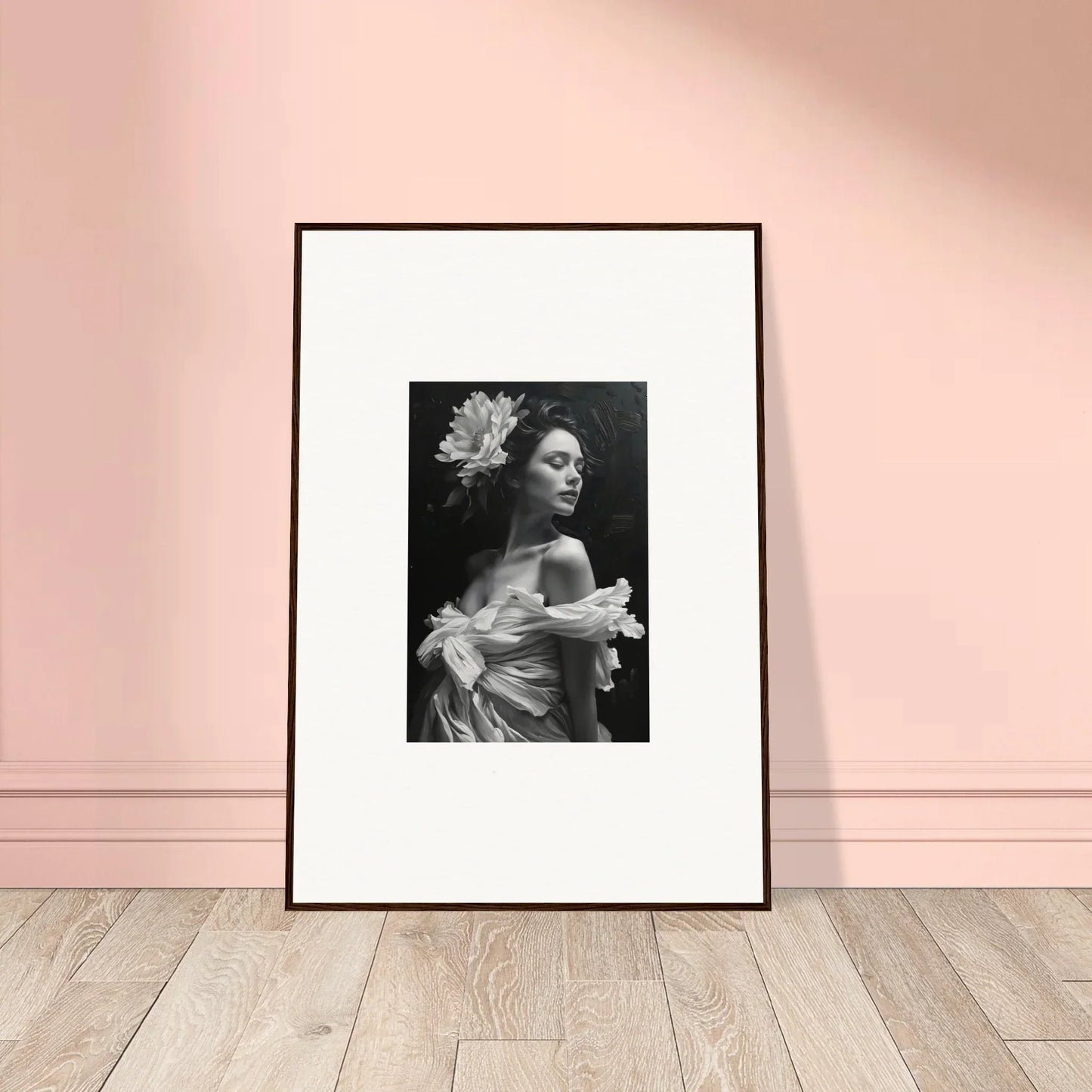 Framed black and white photo of a woman with flower for bliss reverie room decoration