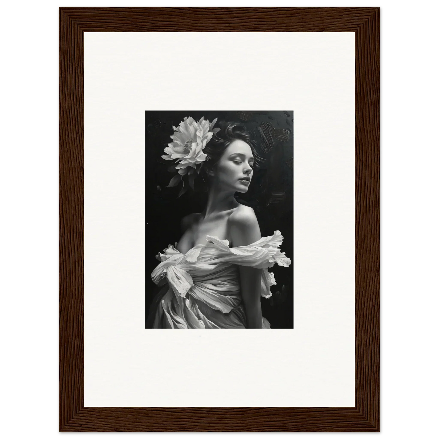 Framed black and white canvas print of a woman with a flower for bliss reverie room decoration