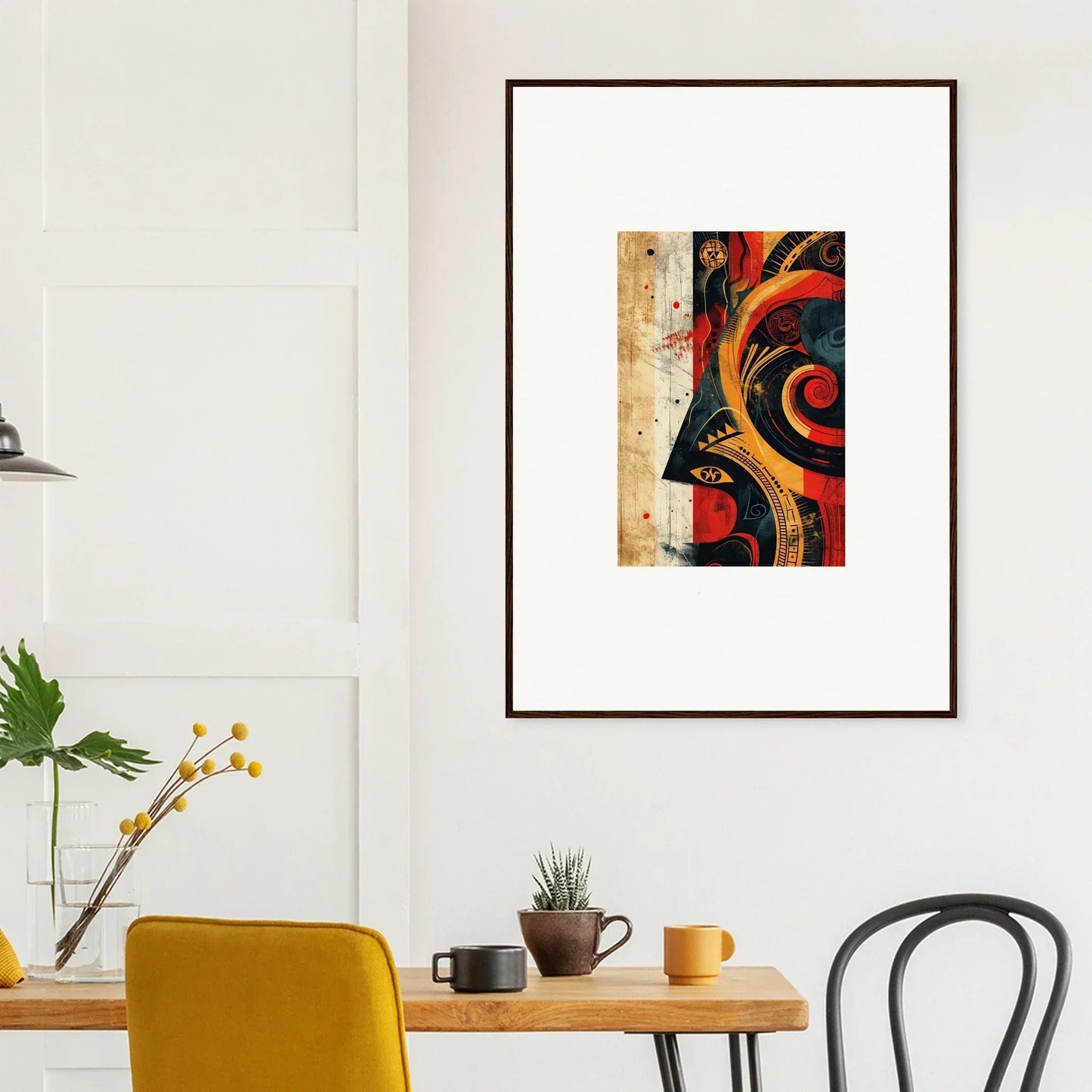 Framed abstract artwork with bold curves and vibrant colors for stylish room decor