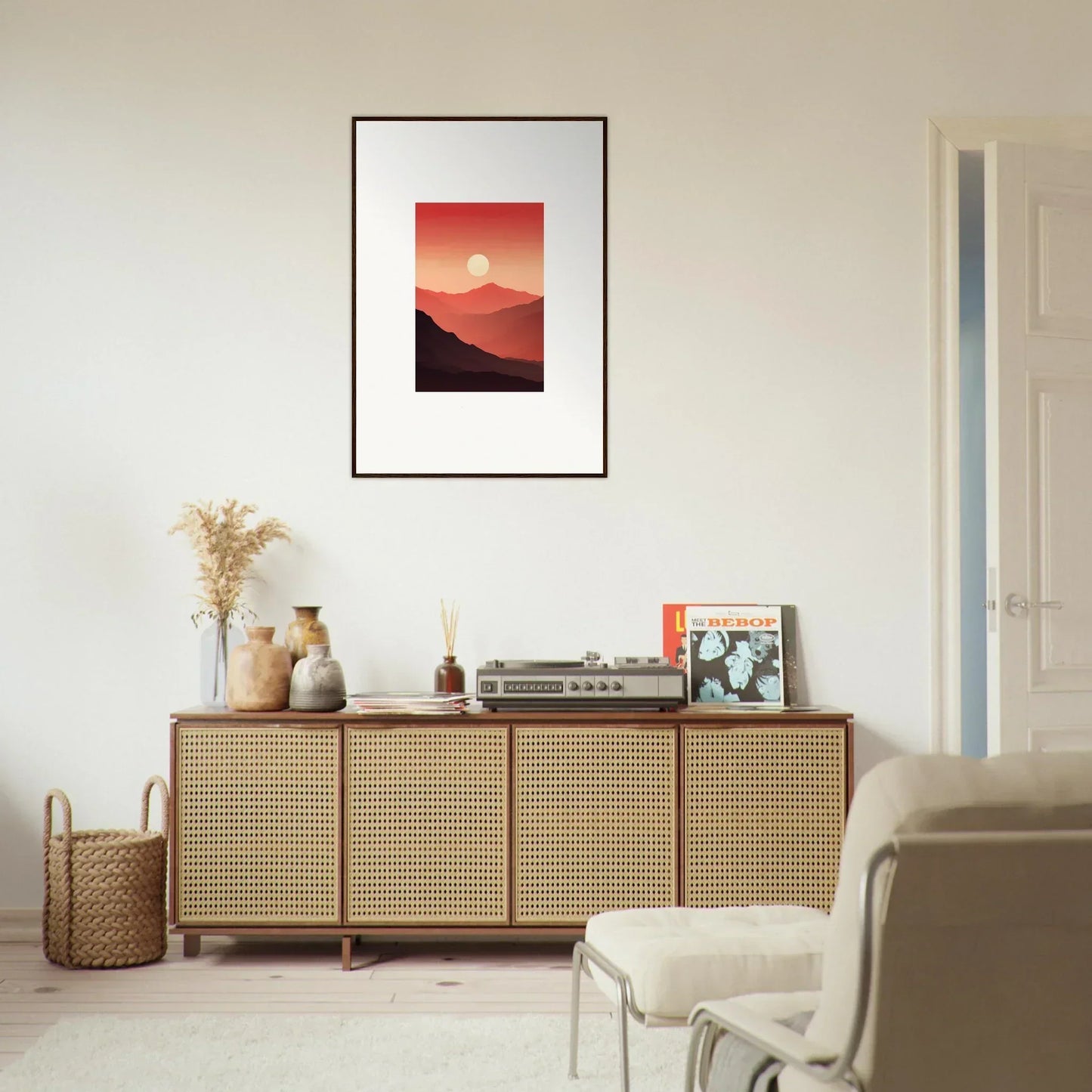 Wooden sideboard with cane-webbed doors, perfect for crimson vibrations room decoration