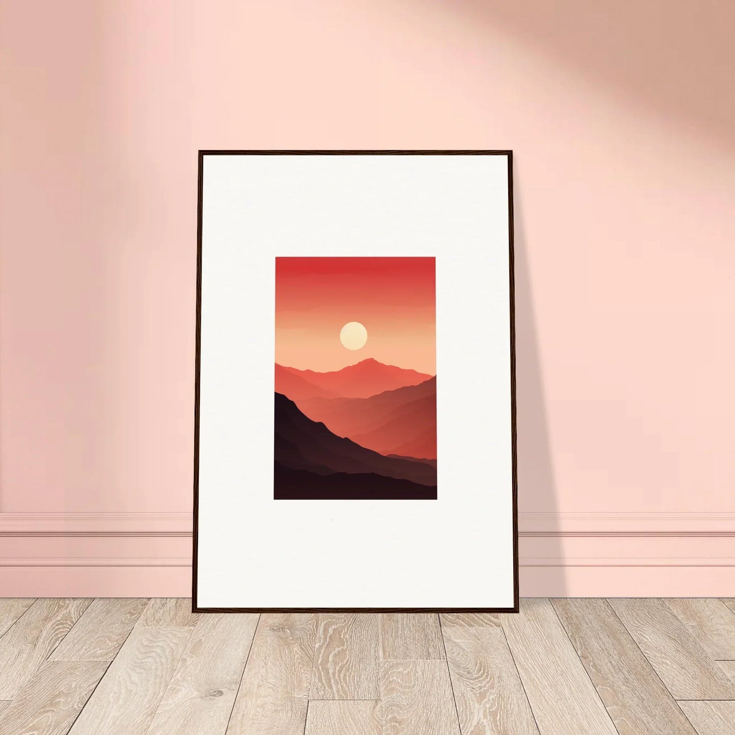Framed canvas print of crimson vibrations at sunset over mountain silhouettes for room decoration