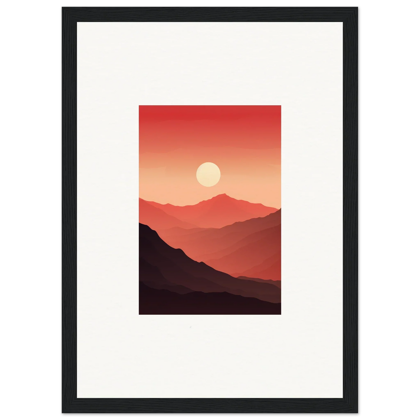Framed canvas print of crimson vibrations at sunset over mountain landscape