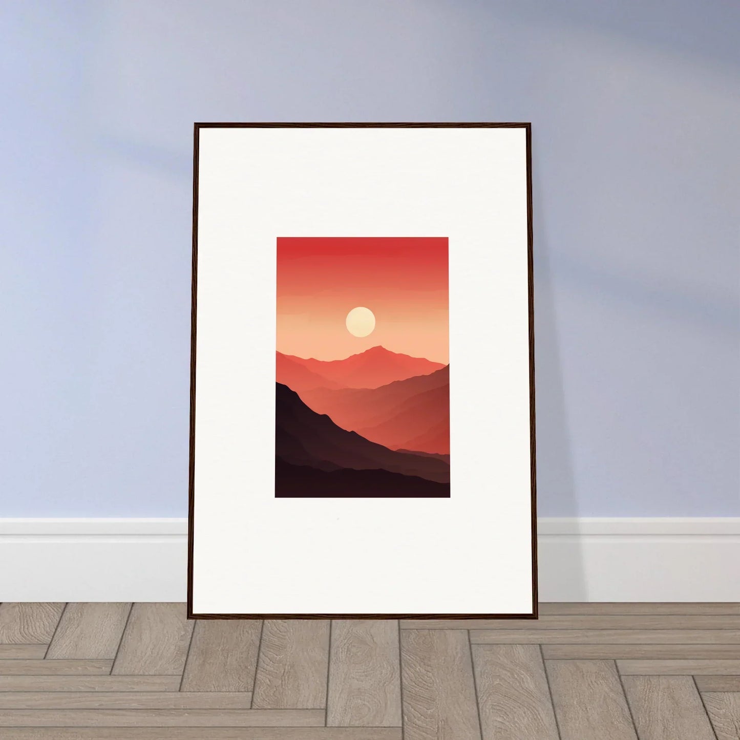 Framed canvas print of crimson vibrations sunset over mountains for room decoration