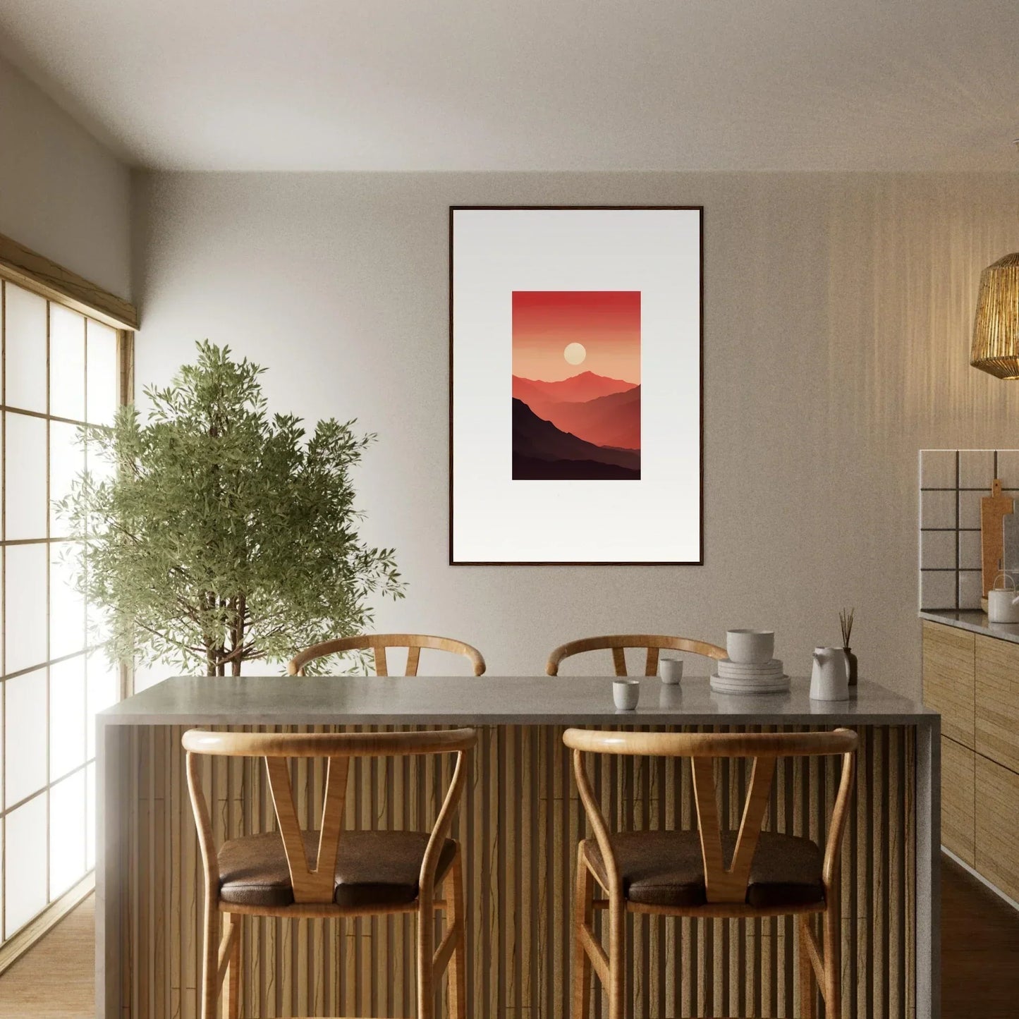Dining table and chairs with a sunset canvas print for stylish room decoration