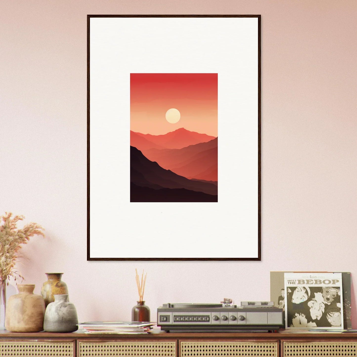 Framed canvas print of crimson vibrations at sunset over mountain silhouettes